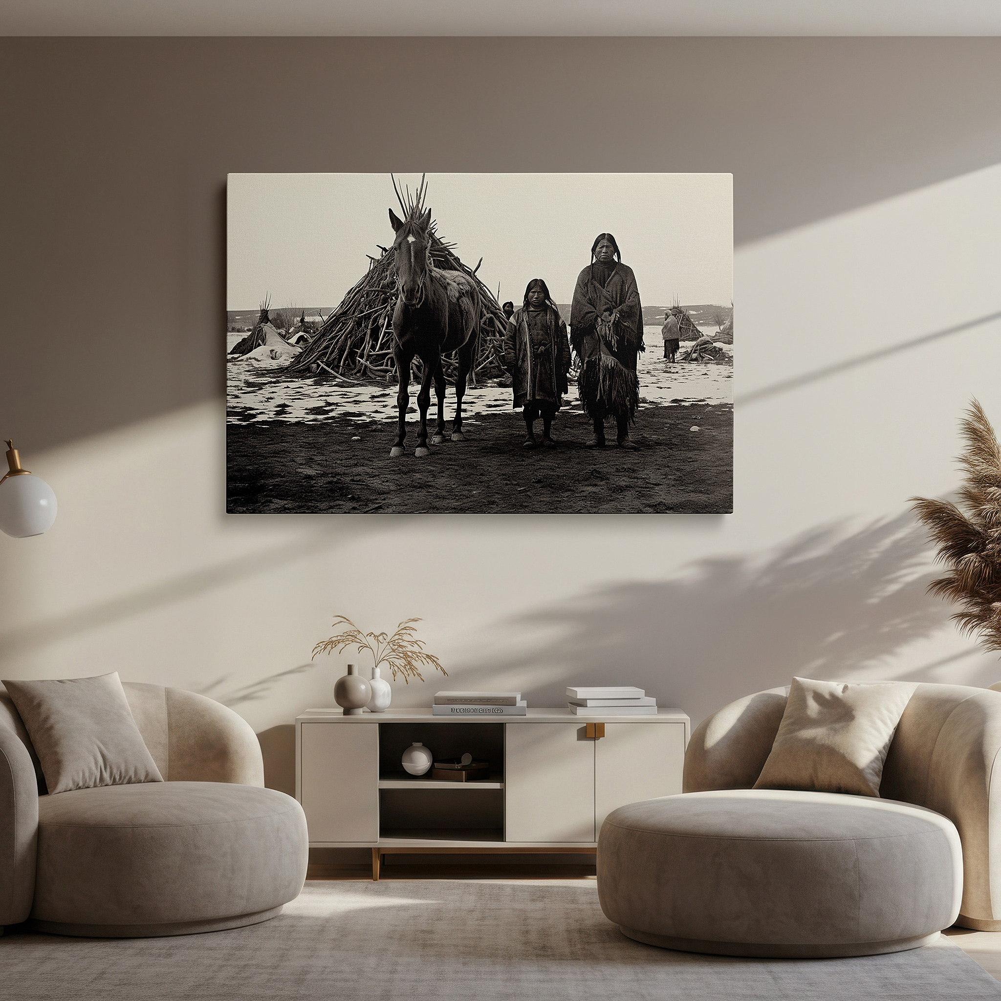 Bathed in morning sunlight streaming through sheer curtains — sepia-toned canvas art featuring horses and wigwams: perfect for office or bedroom wall decor