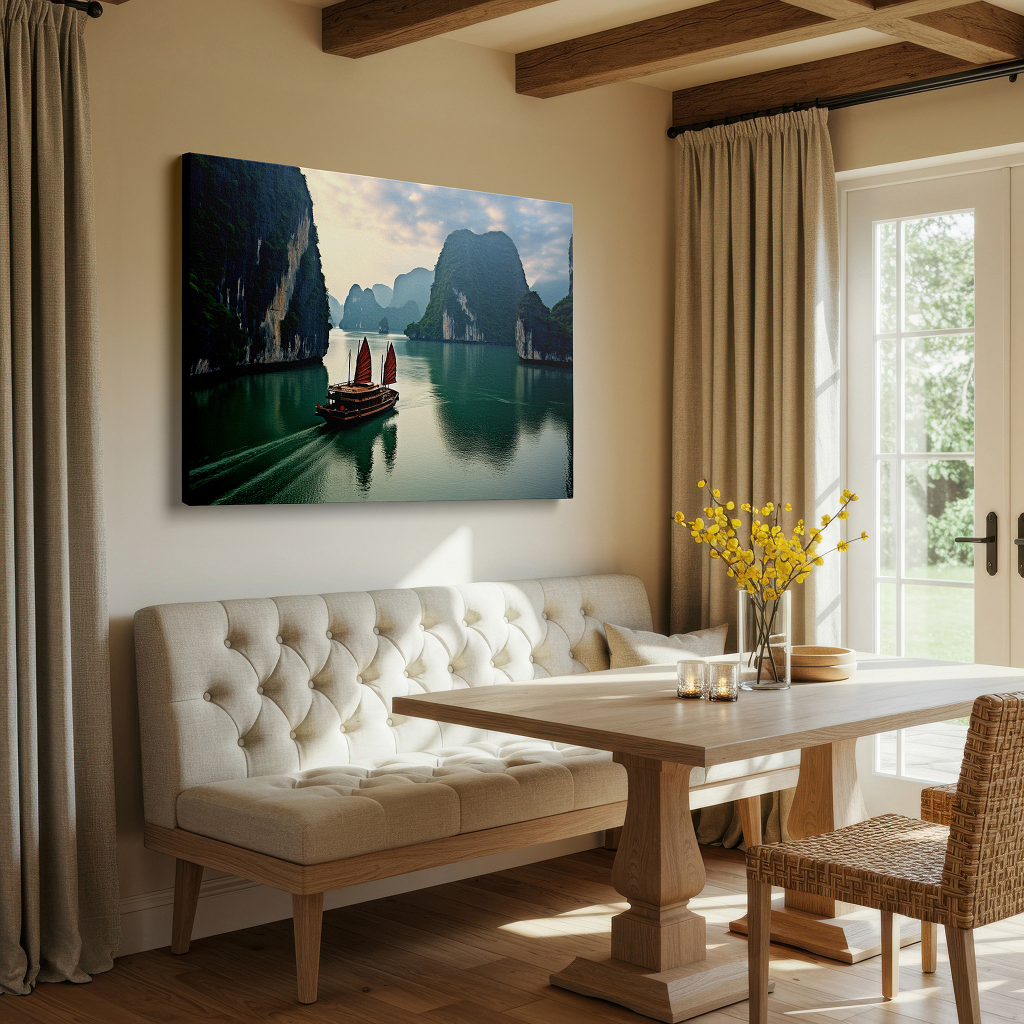 Bathed in morning sunlight streaming through sheer curtains — serene afternoon in halong bay featuring a traditional vietnamese junk boat - large canvas wall art for office and bedroom decor