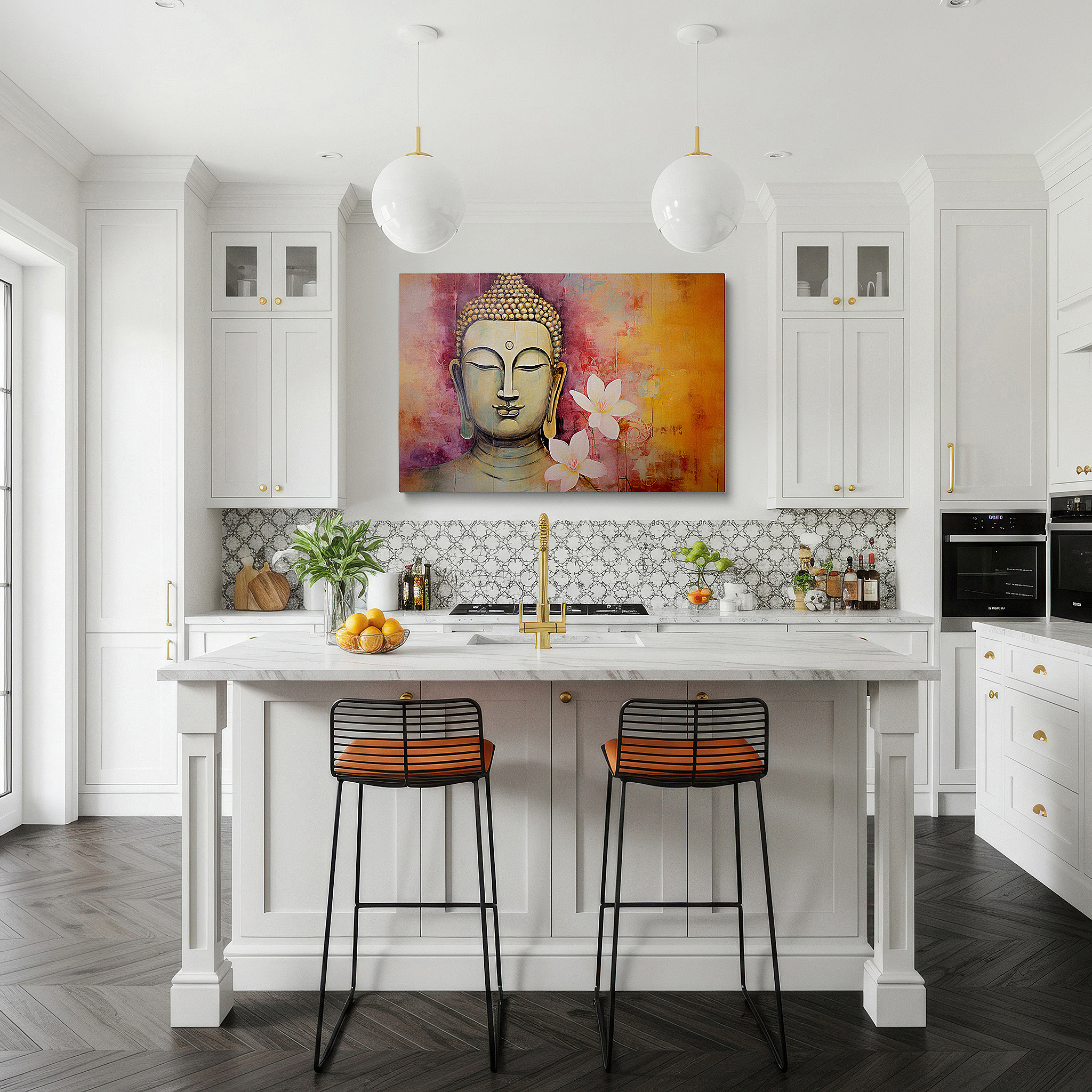 Bathed in morning sunlight streaming through sheer curtains — serene buddha wall art for living room: a symbolic masterpiece of tranquility - large canvas wall decor ideal for office spaces