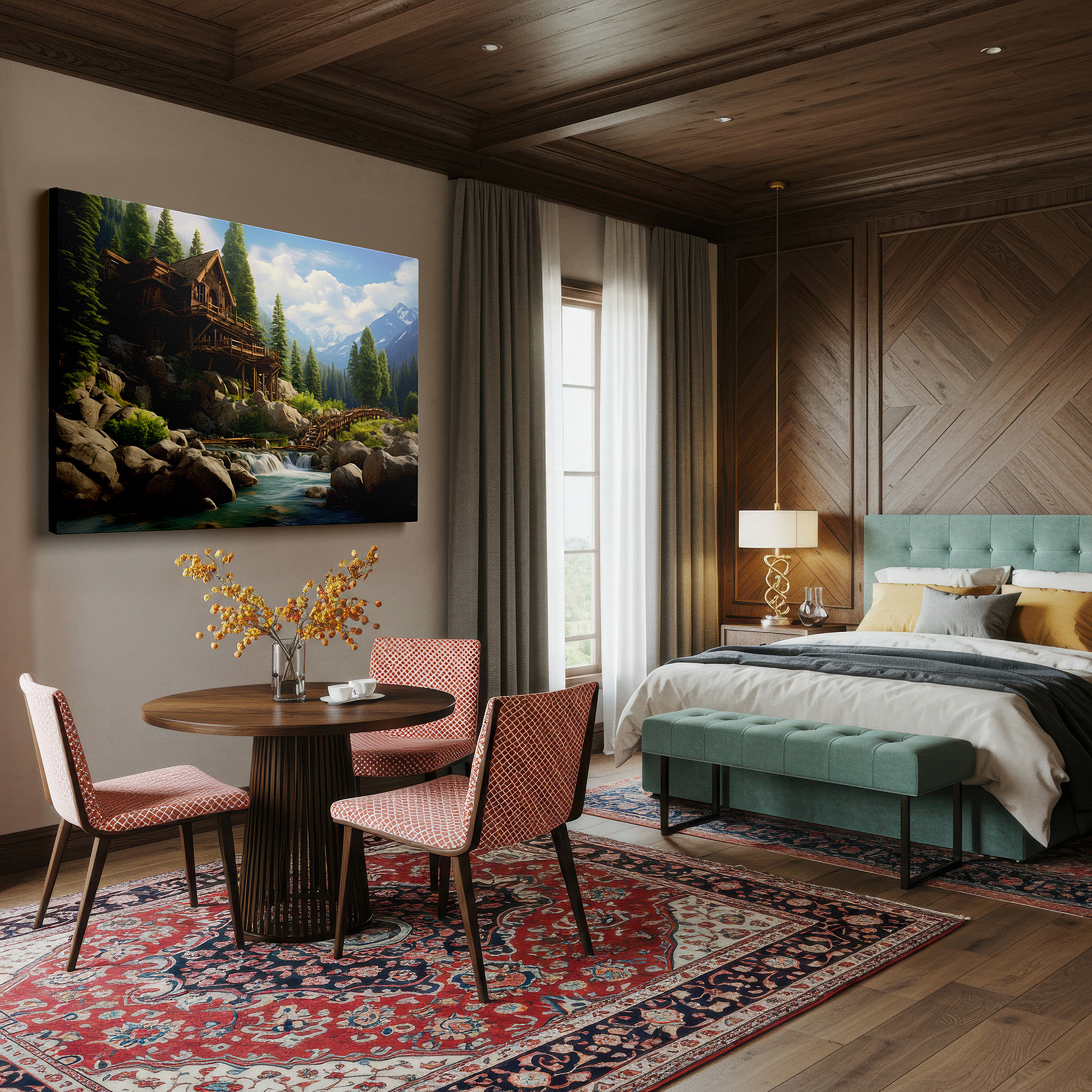 Bathed in morning sunlight streaming through sheer curtains — serene cabin escape surrounded by verdant foliage and babbling brooks: oversized wall art, canvas wall decor for offices and bedrooms