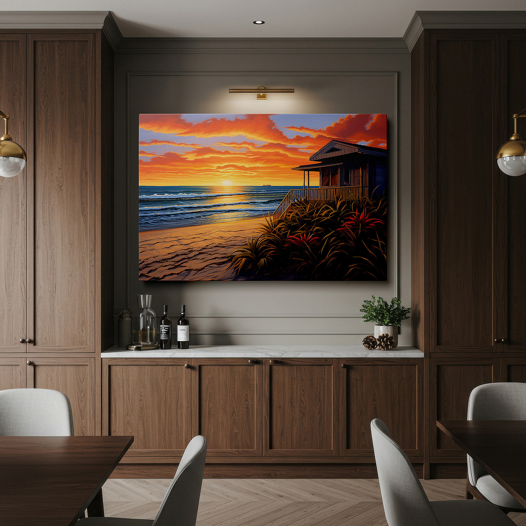 Bathed in morning sunlight streaming through sheer curtains — serene coastal sunset and weathered beach house large canvas wall art for office, bedroom, and living room decor