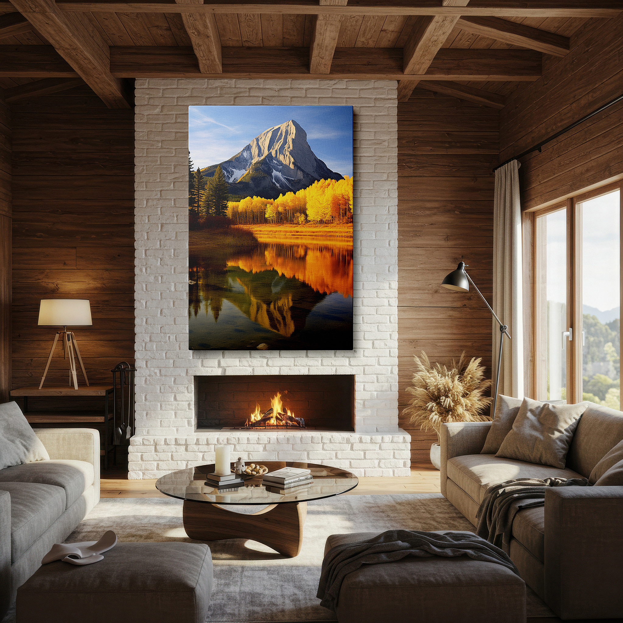 Bathed in morning sunlight streaming through sheer curtains — serene lake and fall foliage reflections of mountain grandeur - oversized canvas wall art for home and office decor