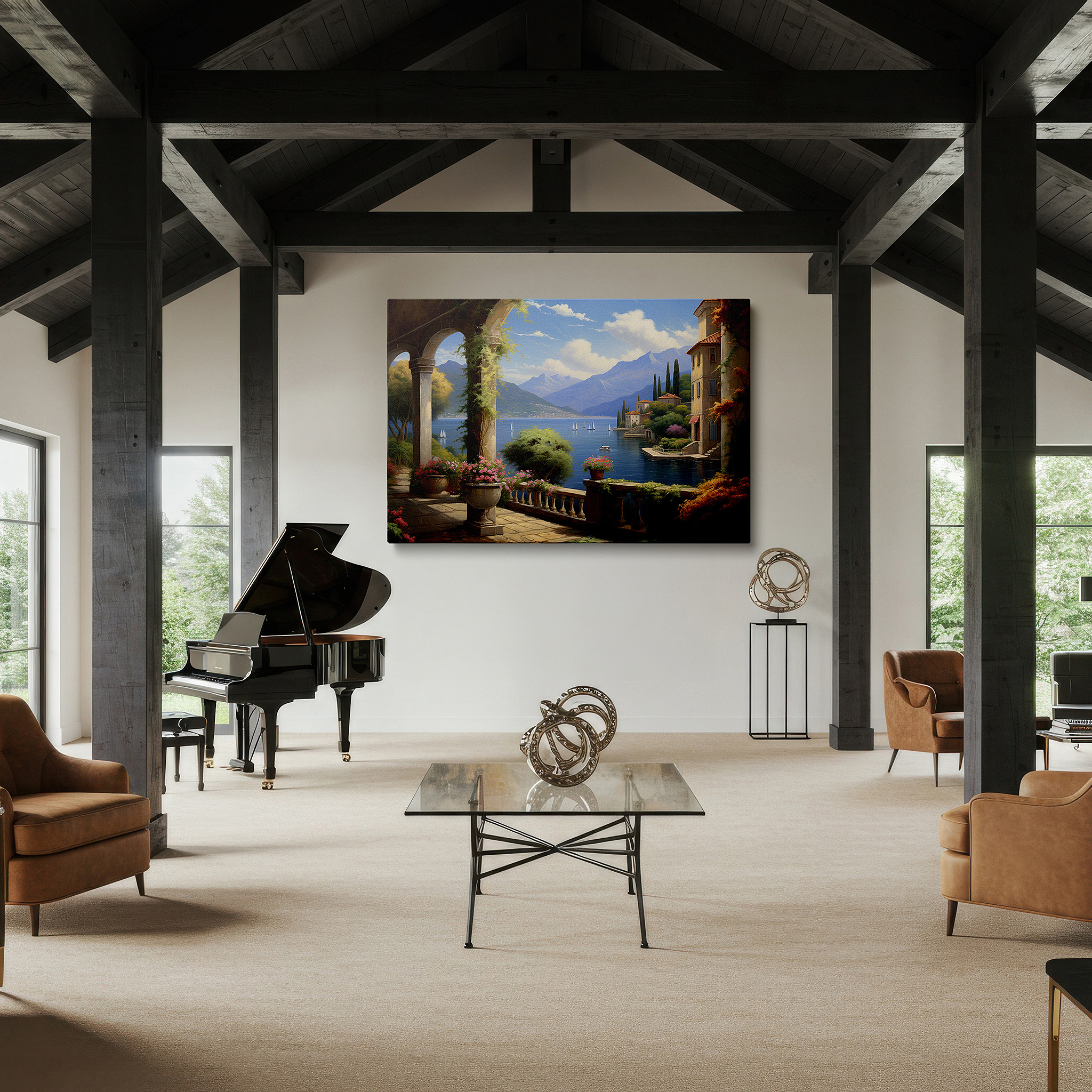 Bathed in morning sunlight streaming through sheer curtains — serene lakeside sunrise with majestic mountains and peaceful sailboats large wall art, canvas wall art, wall decor for office and bedroom