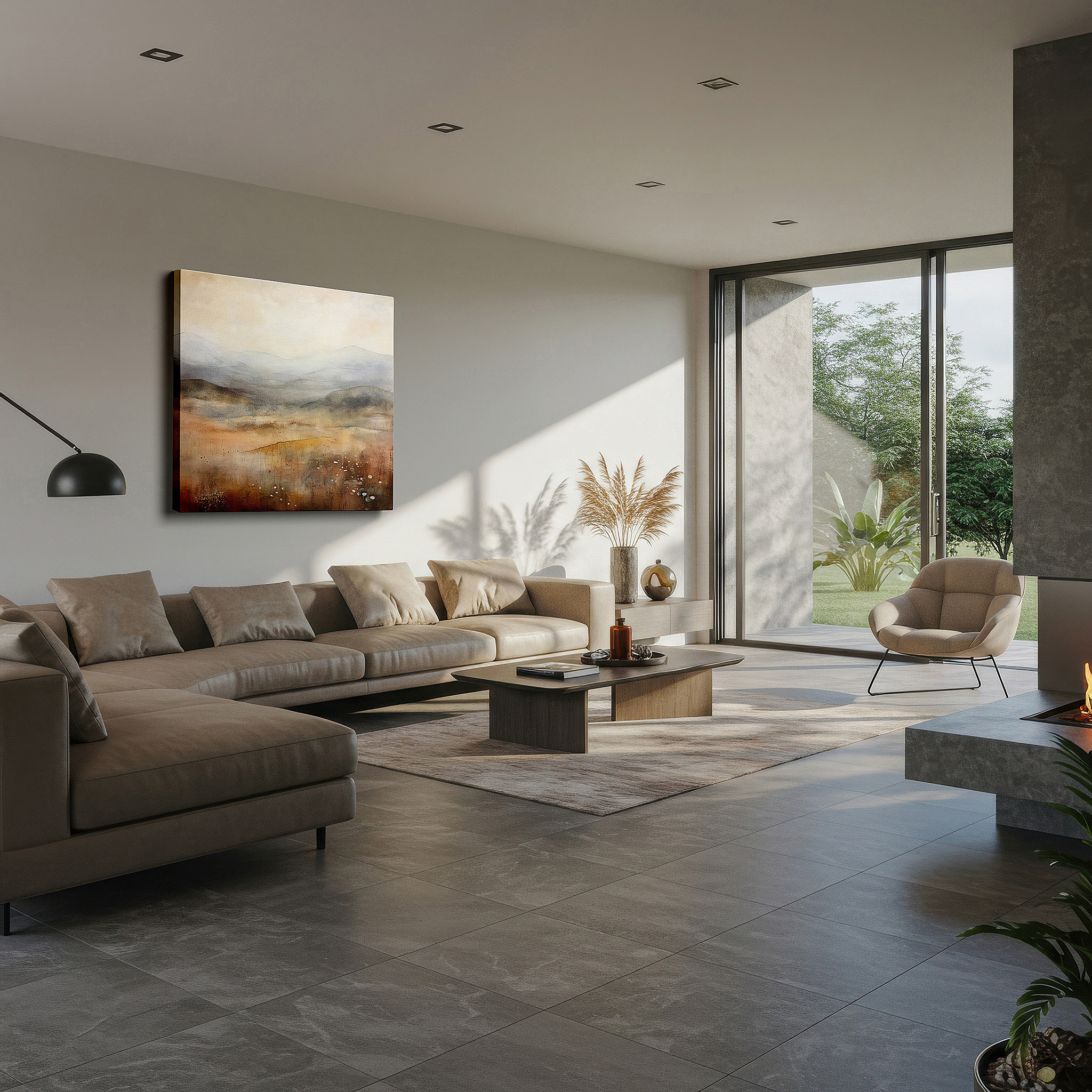 Bathed in morning sunlight streaming through sheer curtains — serene minimalistic landscape in earthy tones: large wall art for tranquil interiors, perfect for office and bedroom decor