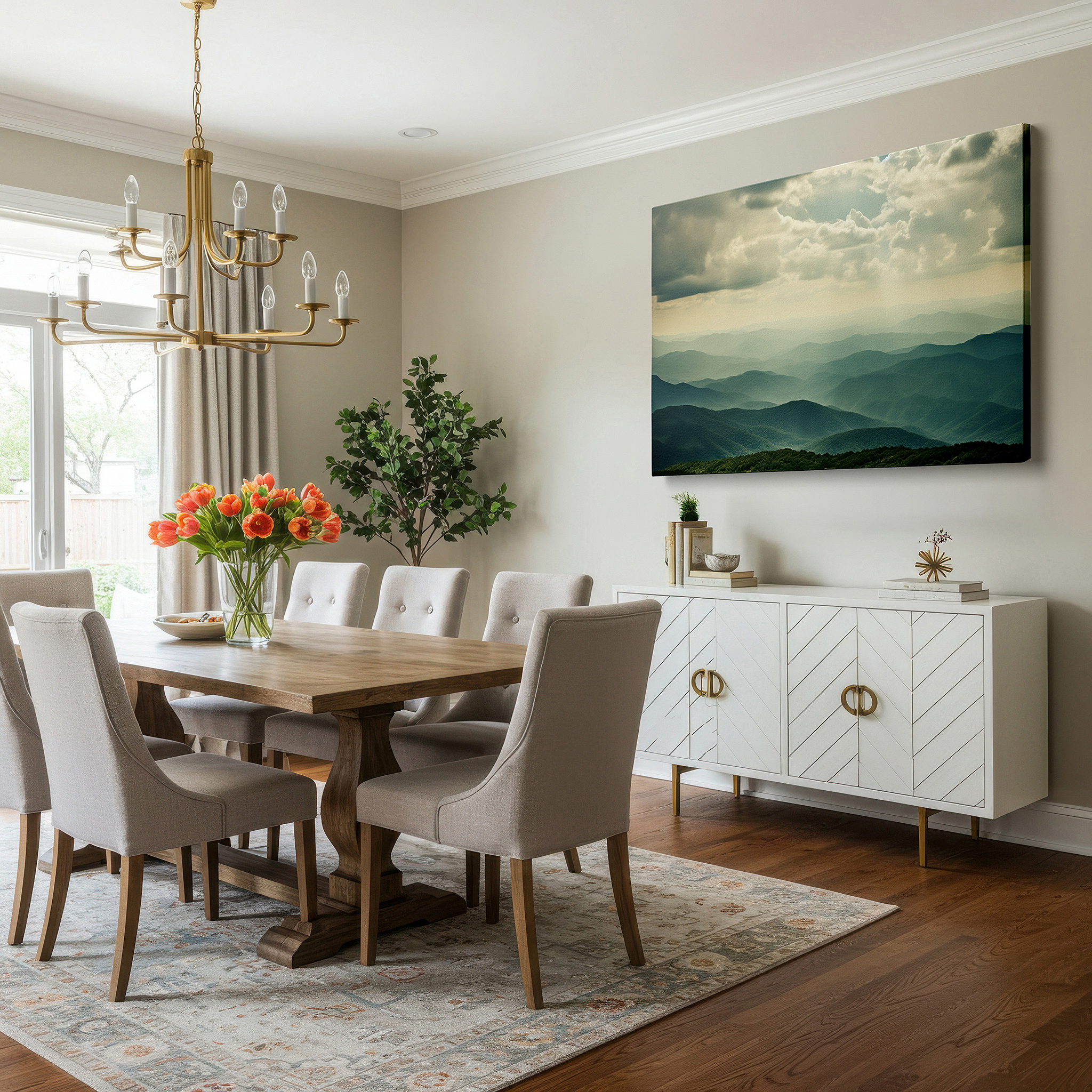 Bathed in morning sunlight streaming through sheer curtains — serene mountain layers illuminated by celestial light, large canvas wall art for office, bedroom, and living room decor