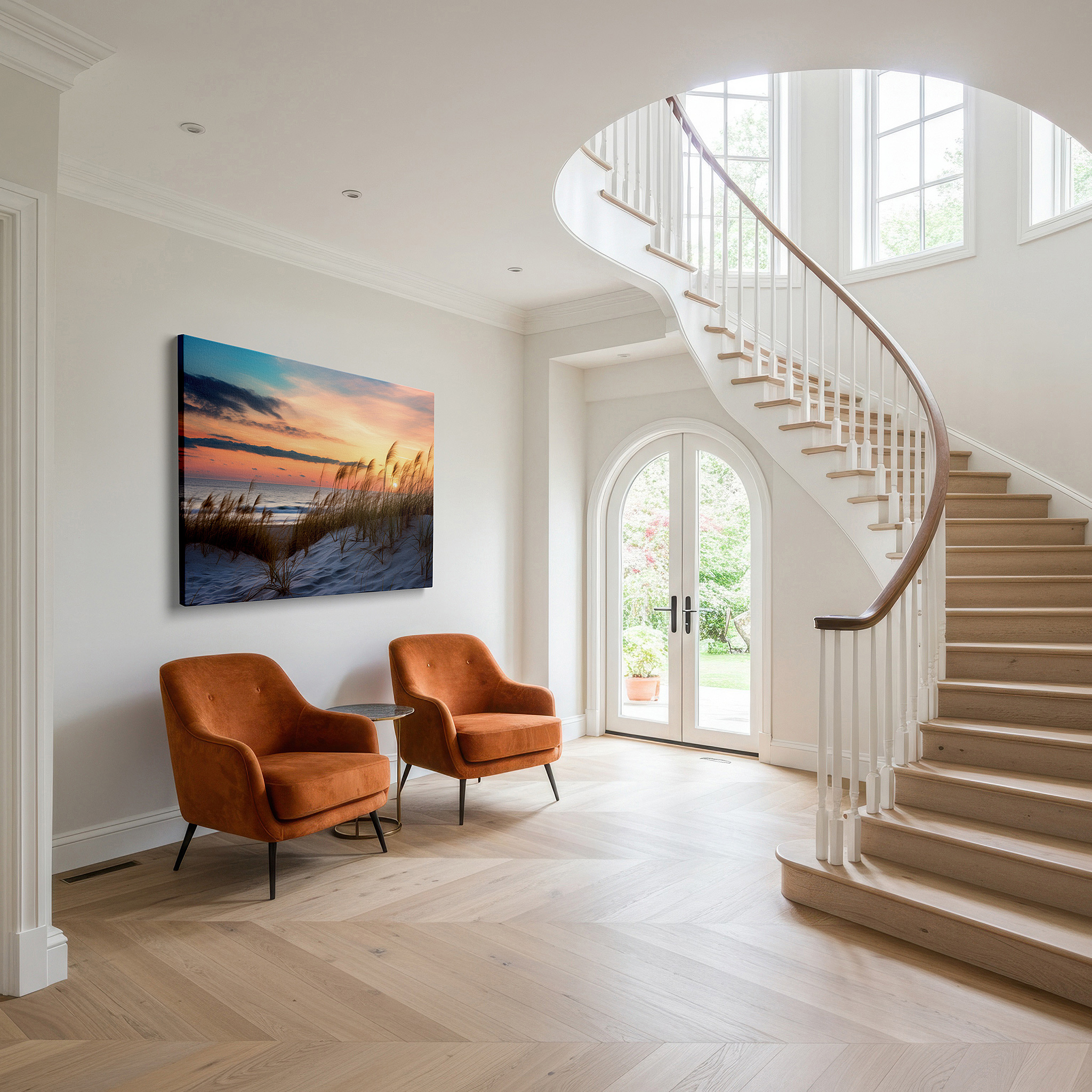 Bathed in morning sunlight streaming through sheer curtains — serene ocean dune landscape with twilight sky and swaying grass: large canvas wall art for office, bedroom, and living room decor