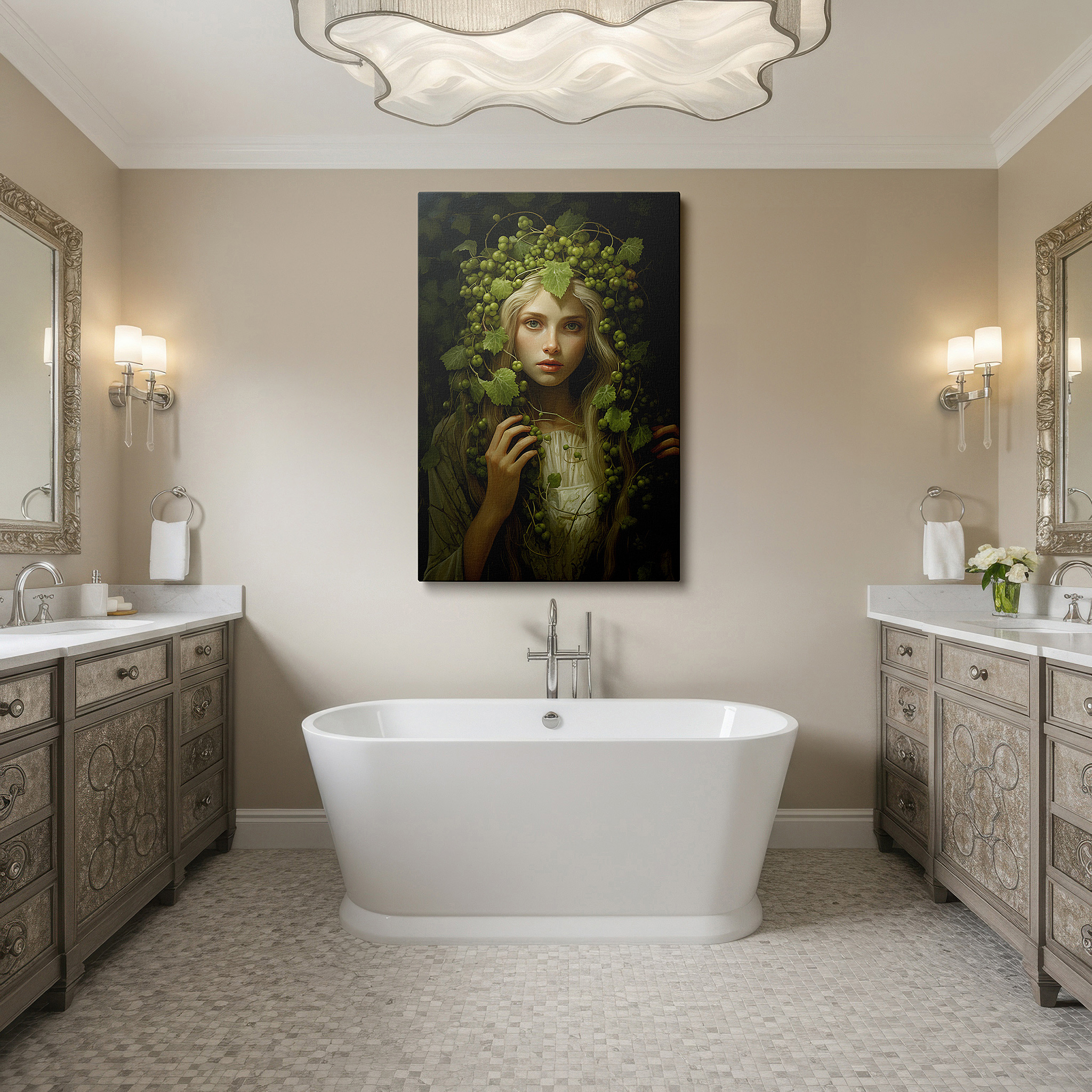 Bathed in morning sunlight streaming through sheer curtains — serene reflections of nature's bounty: large wall art featuring a crown of grapevines and leaves, canvas wall art for office decor