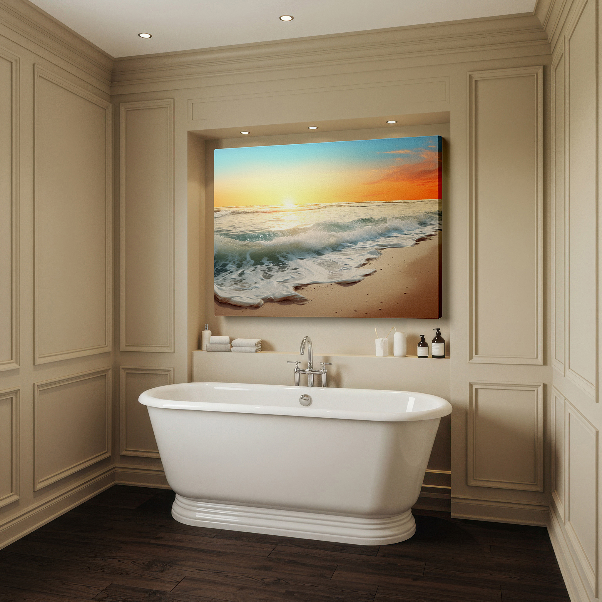 Bathed in morning sunlight streaming through sheer curtains — serene shoreline at sunset: tranquil orange and blue hues, large canvas wall art for office and bedroom decor