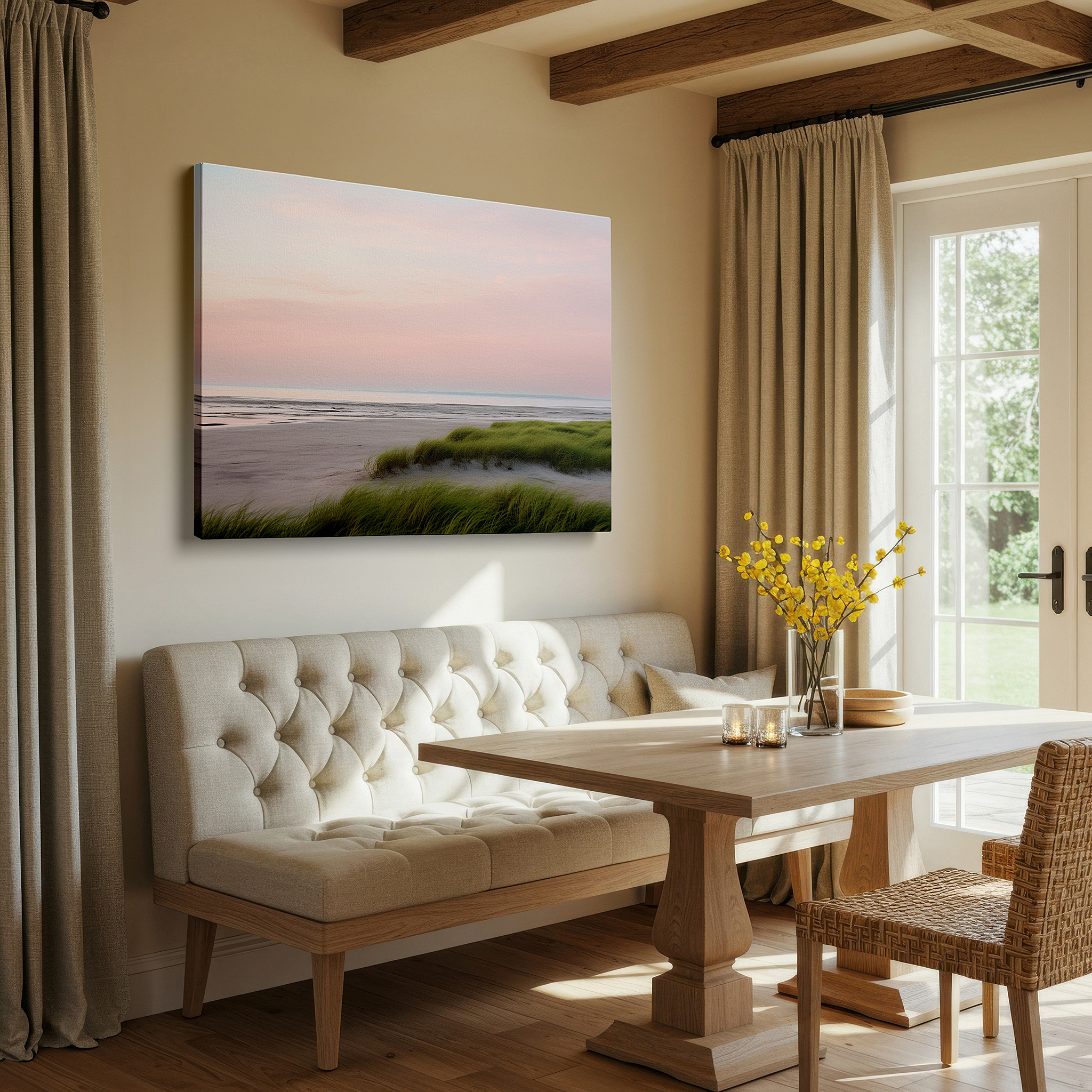 Bathed in morning sunlight streaming through sheer curtains — serene sunset on a quiet beach with soft pastel skies and gentle green grasses - large wall art, canvas wall art, wall decor for office and bedroom