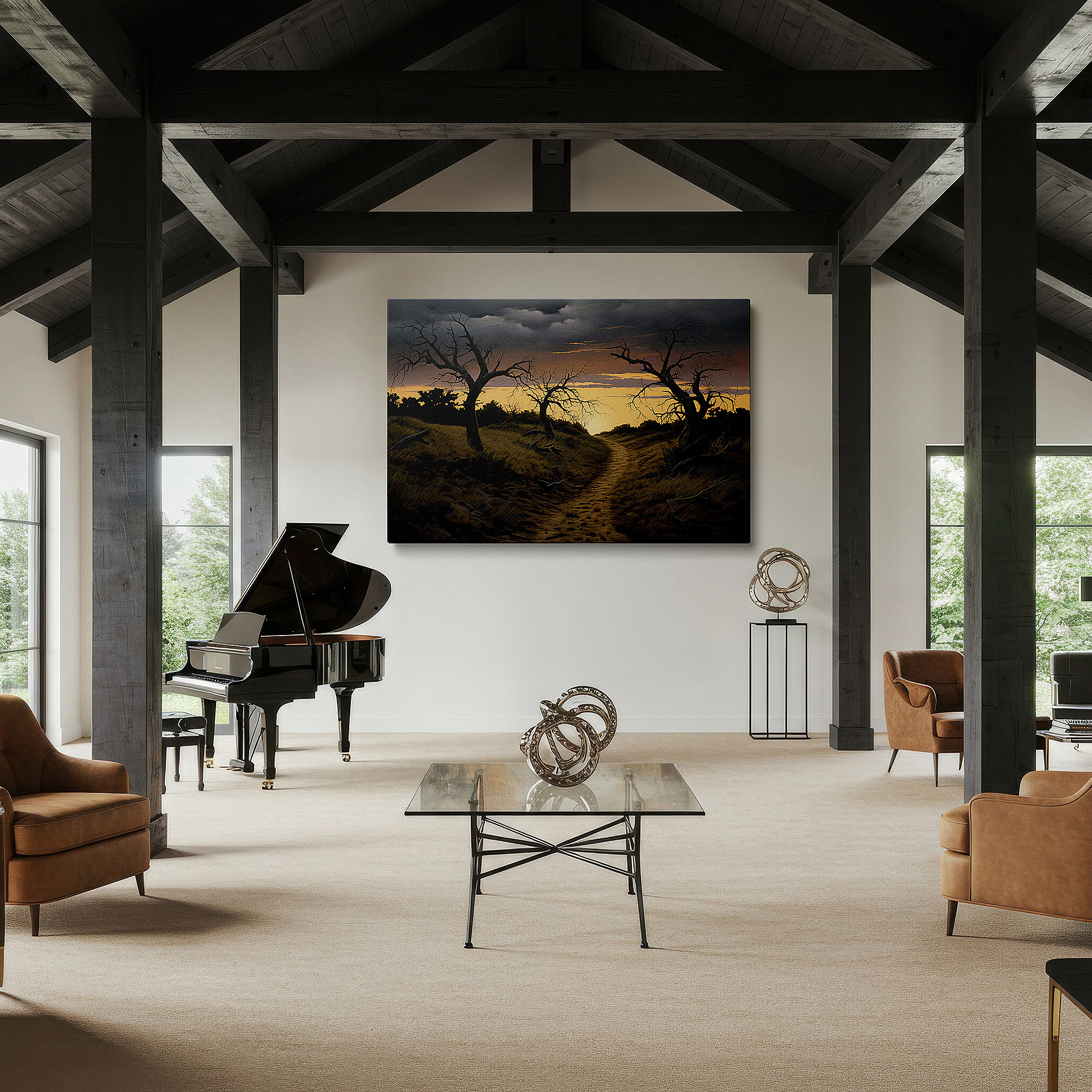 Bathed in morning sunlight streaming through sheer curtains — serene sunset and silhouetted trees over tranquil landscape with luminous path - large canvas wall art for office and bedroom decor