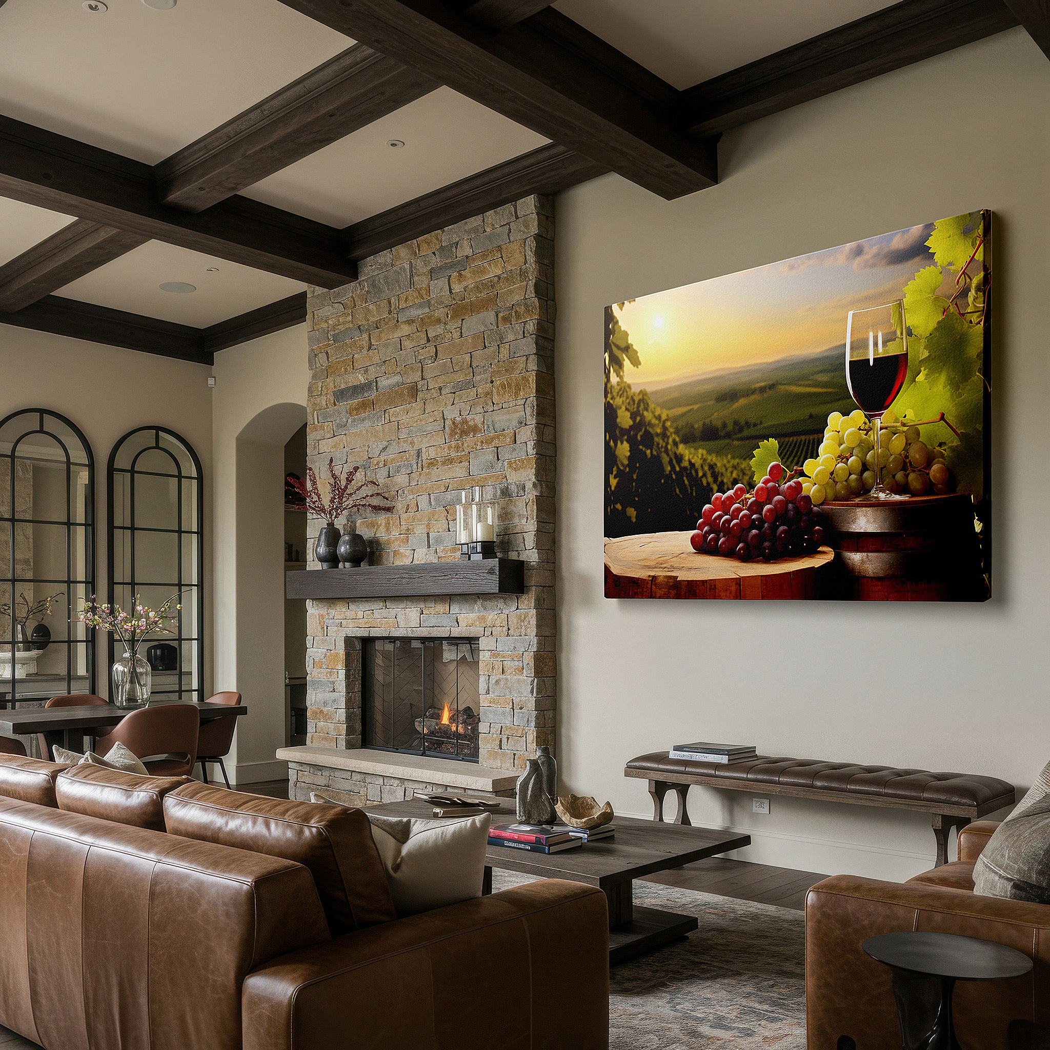 Bathed in morning sunlight streaming through sheer curtains — serene vineyard evening featuring red wine and fresh grapes beneath a golden sunset - large canvas wall art for home and office decor