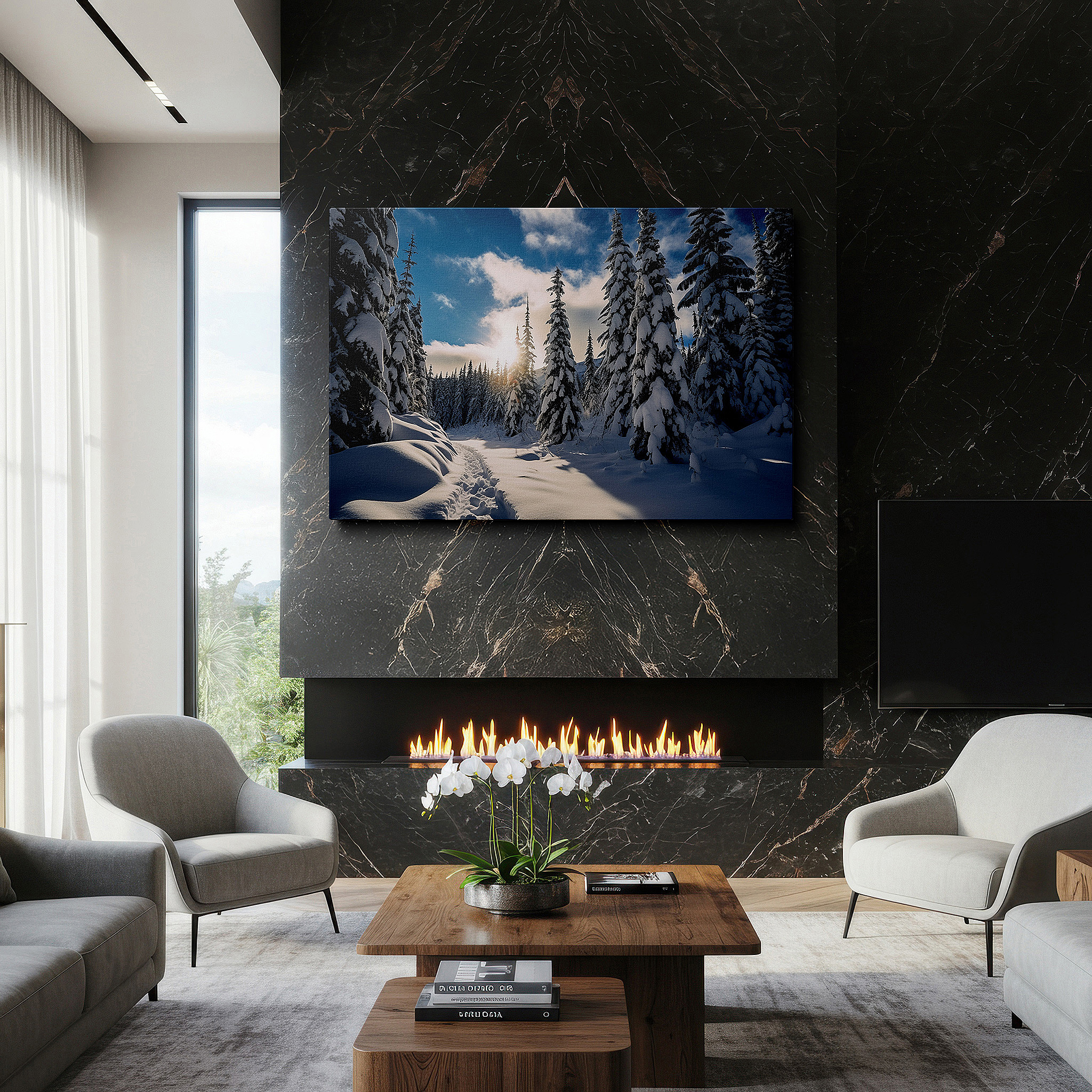 Bathed in morning sunlight streaming through sheer curtains — serene winter forest in sunlight: tranquil snowy landscape large wall art, canvas wall art for office and bedroom decor