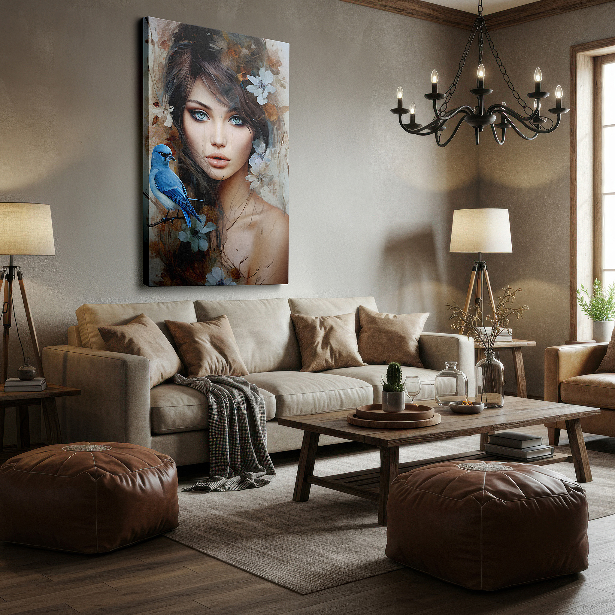 Bathed in morning sunlight streaming through sheer curtains — serene woman surrounded by lively birds and blossoms - a harmonious blend of nature and humanity, large wall art, canvas wall art, wall decor, office wall art
