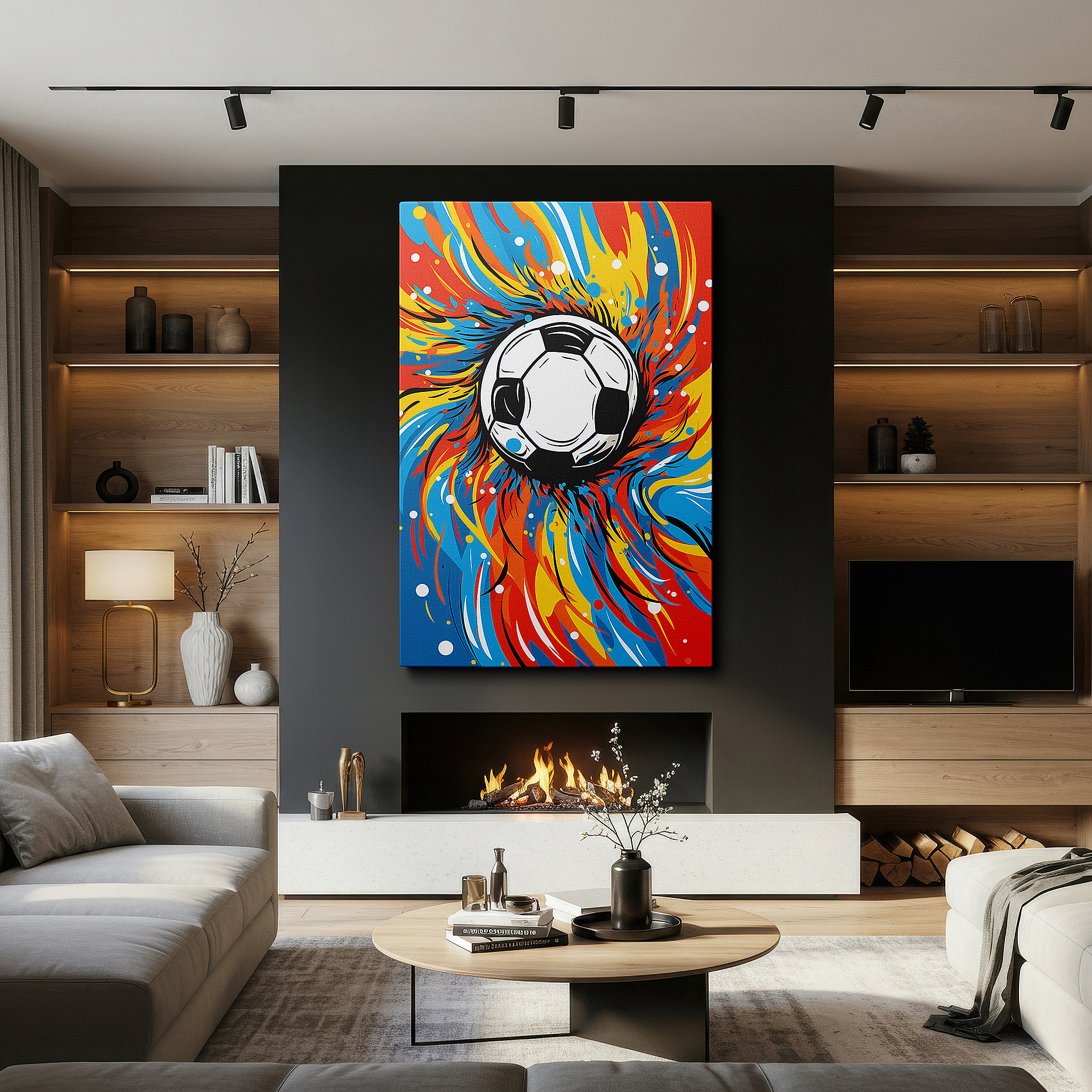 Bathed in morning sunlight streaming through sheer curtains — soccer-themed wall art: featuring dynamic swirls and vivid colors, perfect for office, bedroom, and living spaces