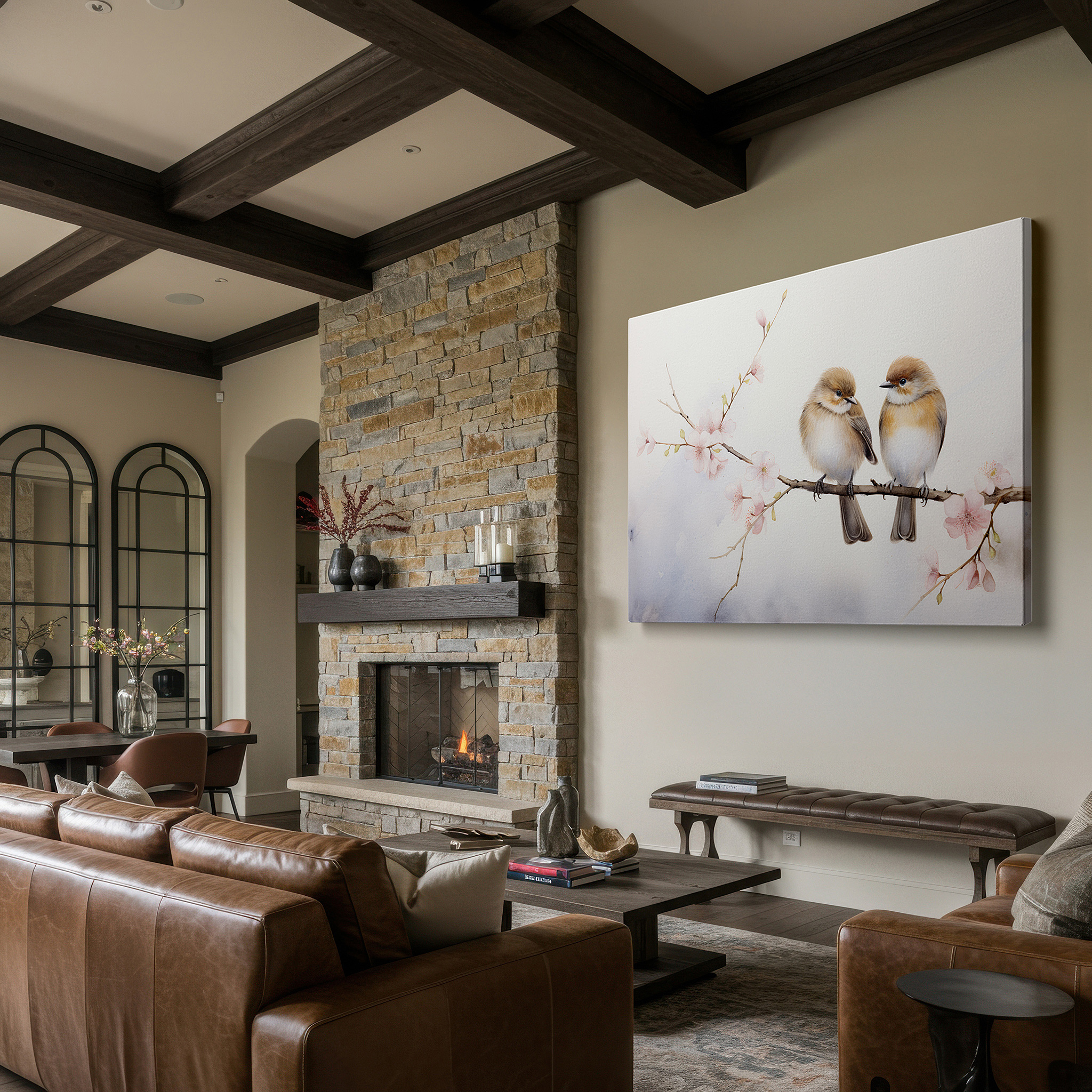 Bathed in morning sunlight streaming through sheer curtains — soft pastel birds nestled in blossoming branch, representing love and unity large canvas wall art, office wall decor