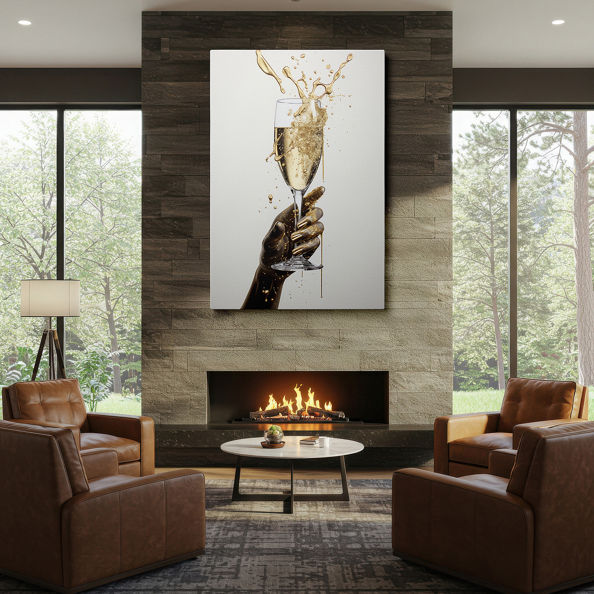 Bathed in morning sunlight streaming through sheer curtains — sophisticated wall art featuring a sculpted hand holding a champagne glass - large canvas art for home and office decor, ideal for living rooms and bedrooms