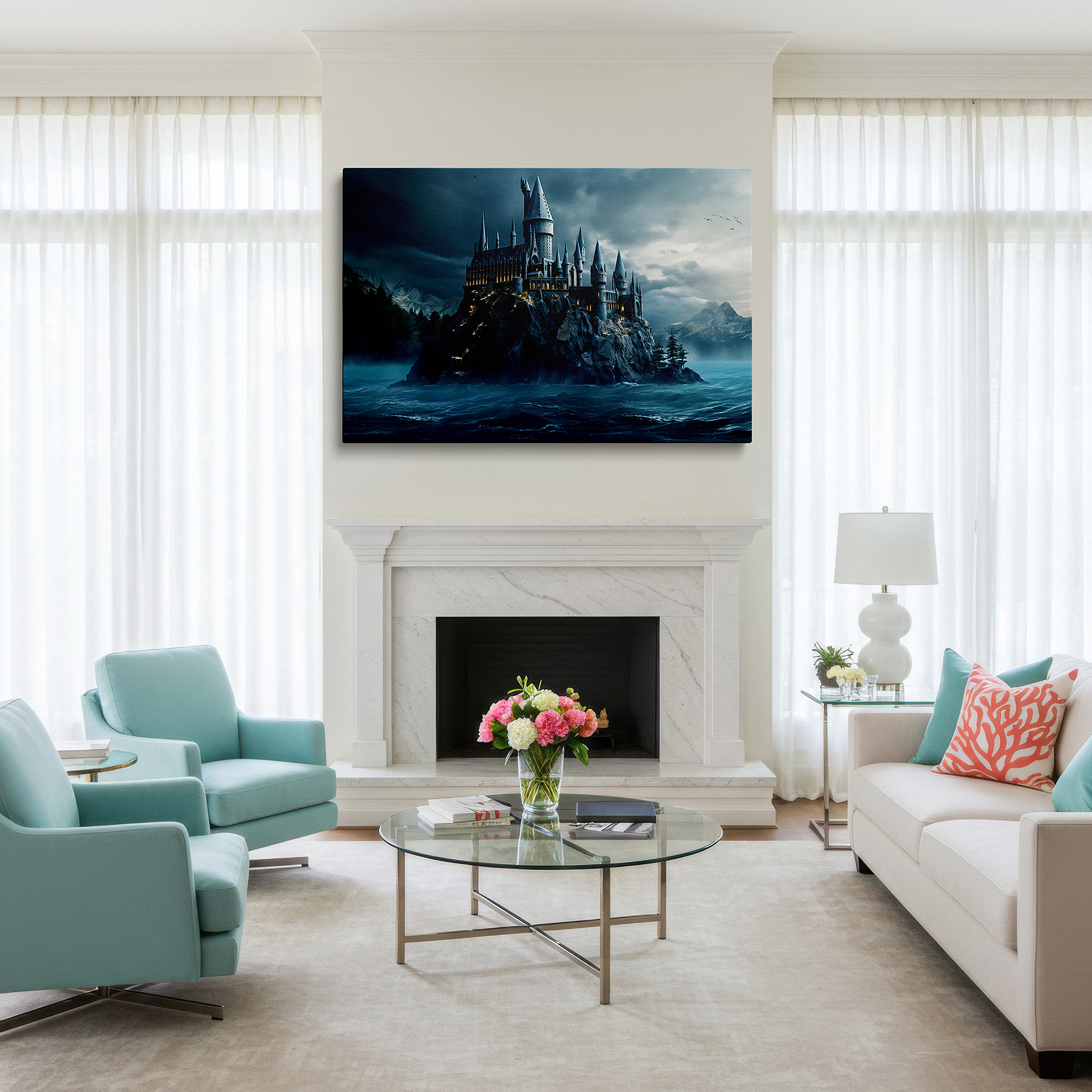 Bathed in morning sunlight streaming through sheer curtains — stormy skies over majestic castle on rocky shoreline - large canvas wall art for office, bedroom, and living room decor