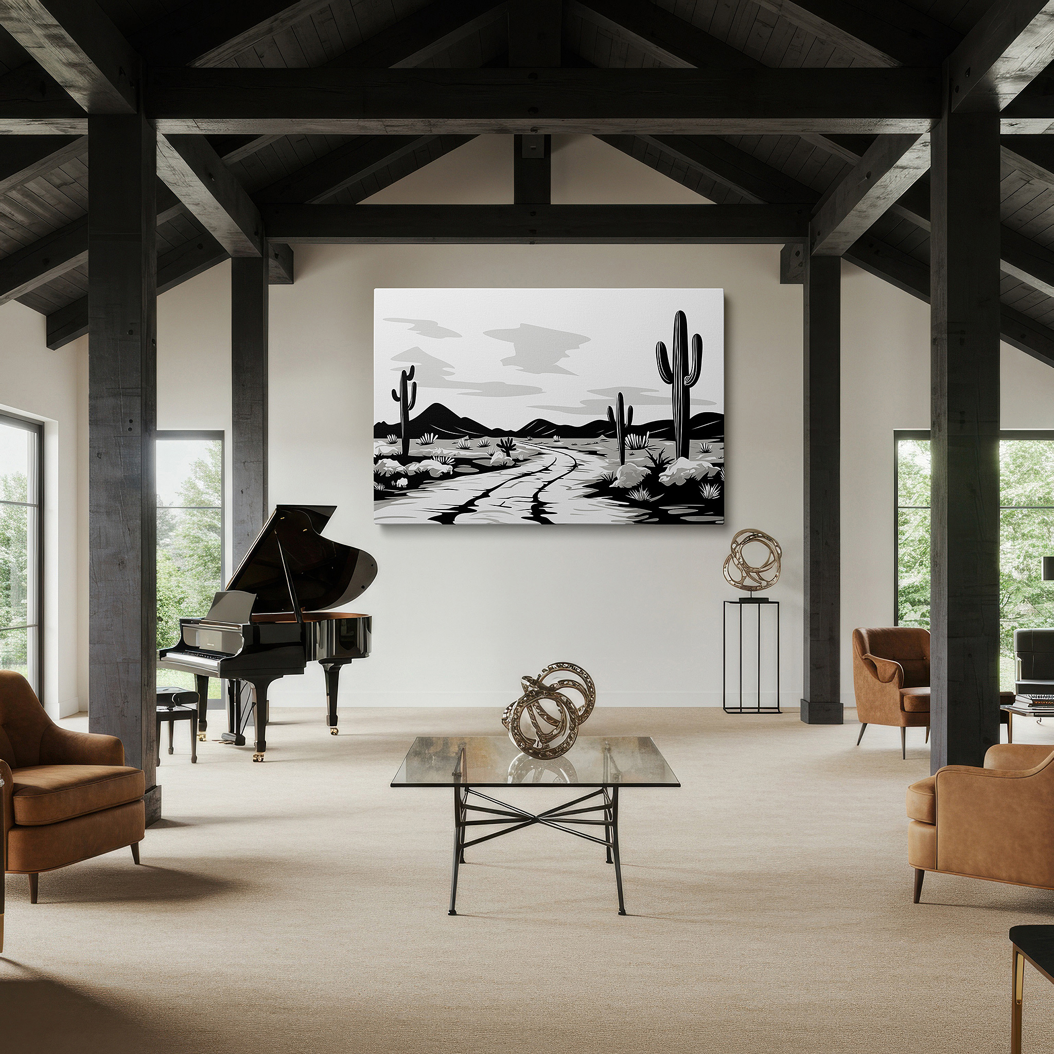 Bathed in morning sunlight streaming through sheer curtains — stunning black and white desert landscape wall art featuring cacti and cracked terrain under a radiant sky, large canvas wall art