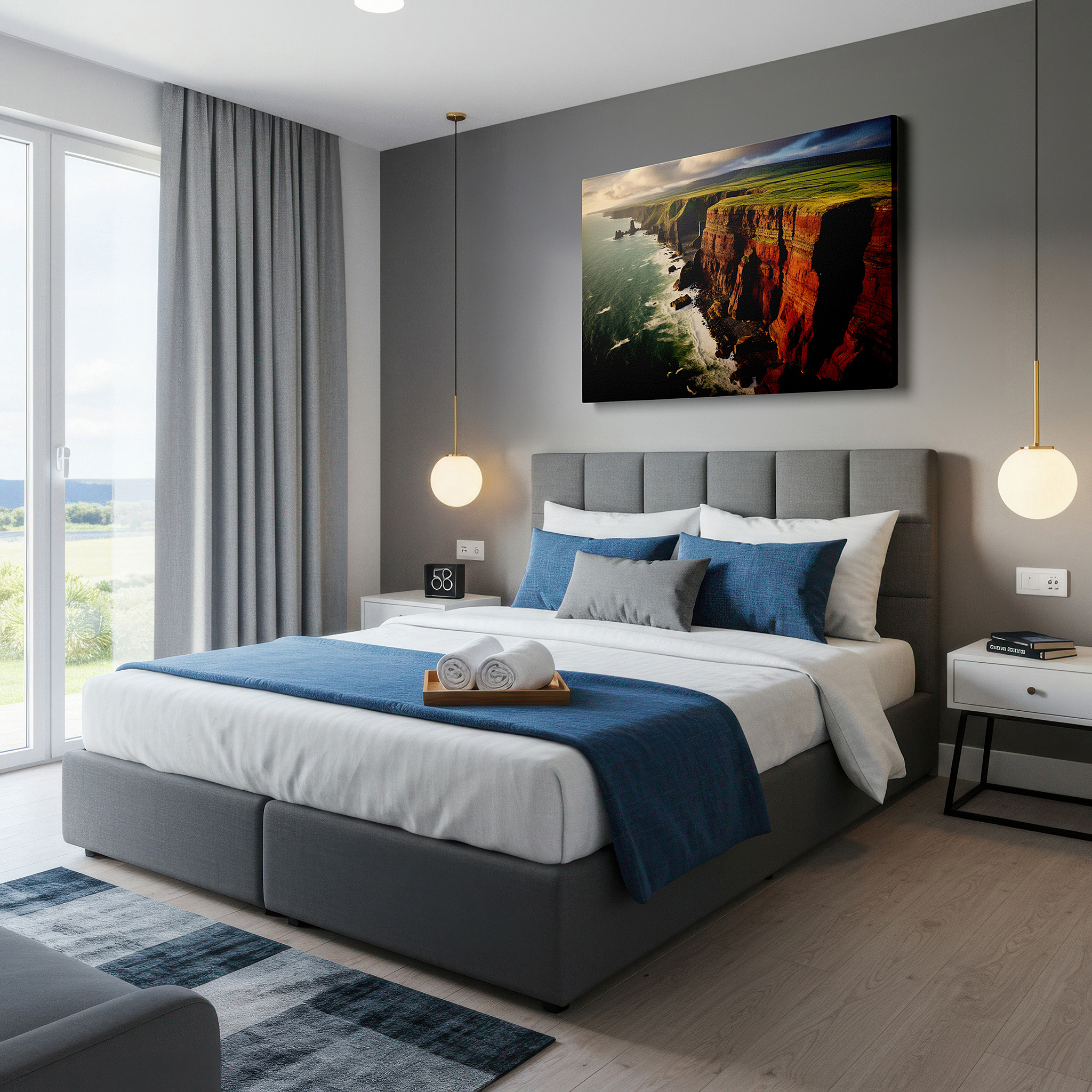 Bathed in morning sunlight streaming through sheer curtains — sunset cliffs, protectors of the peaceful sea, inviting tranquil view large wall art, canvas wall art, wall decor, office wall art, bedroom wall art