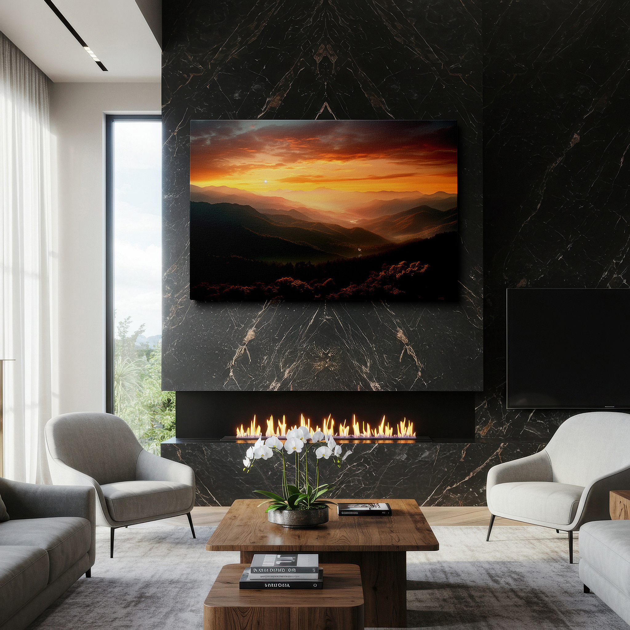 Bathed in morning sunlight streaming through sheer curtains — sunset glow over majestic mountains - panoramic nature splendor large wall art, canvas wall art, wall decor for office