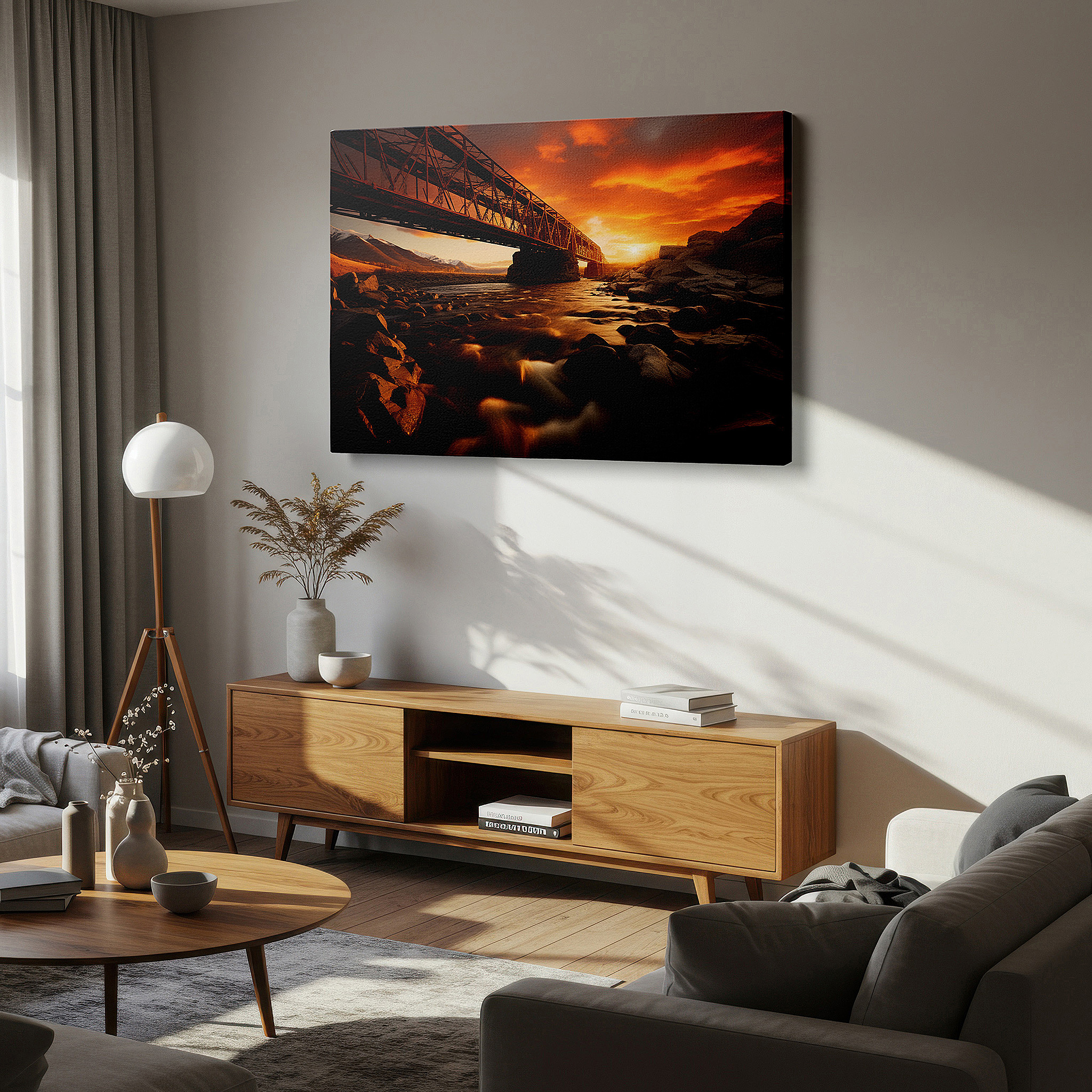 Bathed in morning sunlight streaming through sheer curtains — sunset river and industrial bridge scene - large canvas wall art for office decor