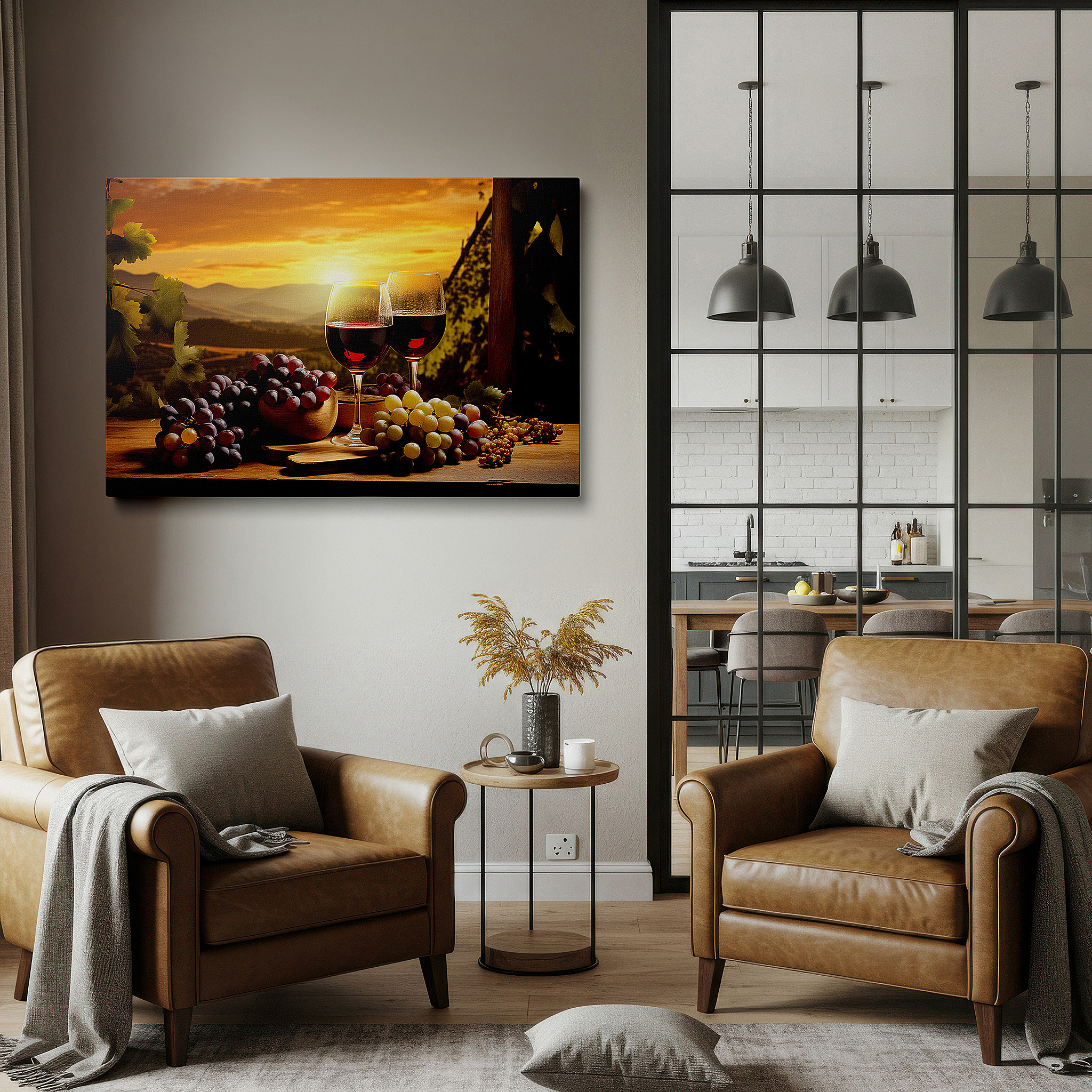 Bathed in morning sunlight streaming through sheer curtains — sunset serenade at the vineyard: celebrating wine, nature, and togetherness - large wall art, canvas wall art, wall decor, office wall art
