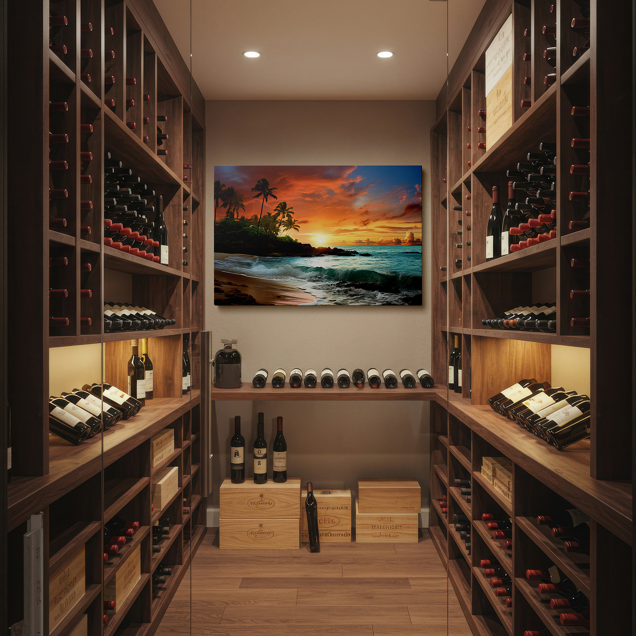Bathed in morning sunlight streaming through sheer curtains — sunset serenity on a pristine beach with whispering waves and vibrant skies: large canvas wall art for office and bedroom decor