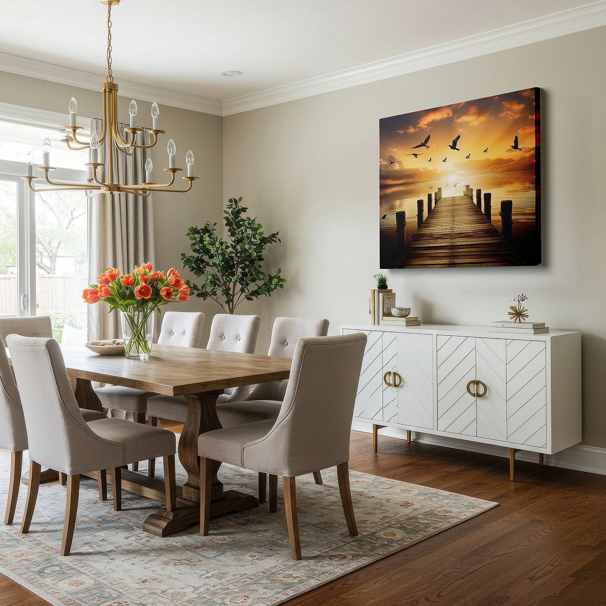 Bathed in morning sunlight streaming through sheer curtains — sunset serenity at the weathered pier wall art: reflective waters and birds in flight - large canvas for office or bedroom decor