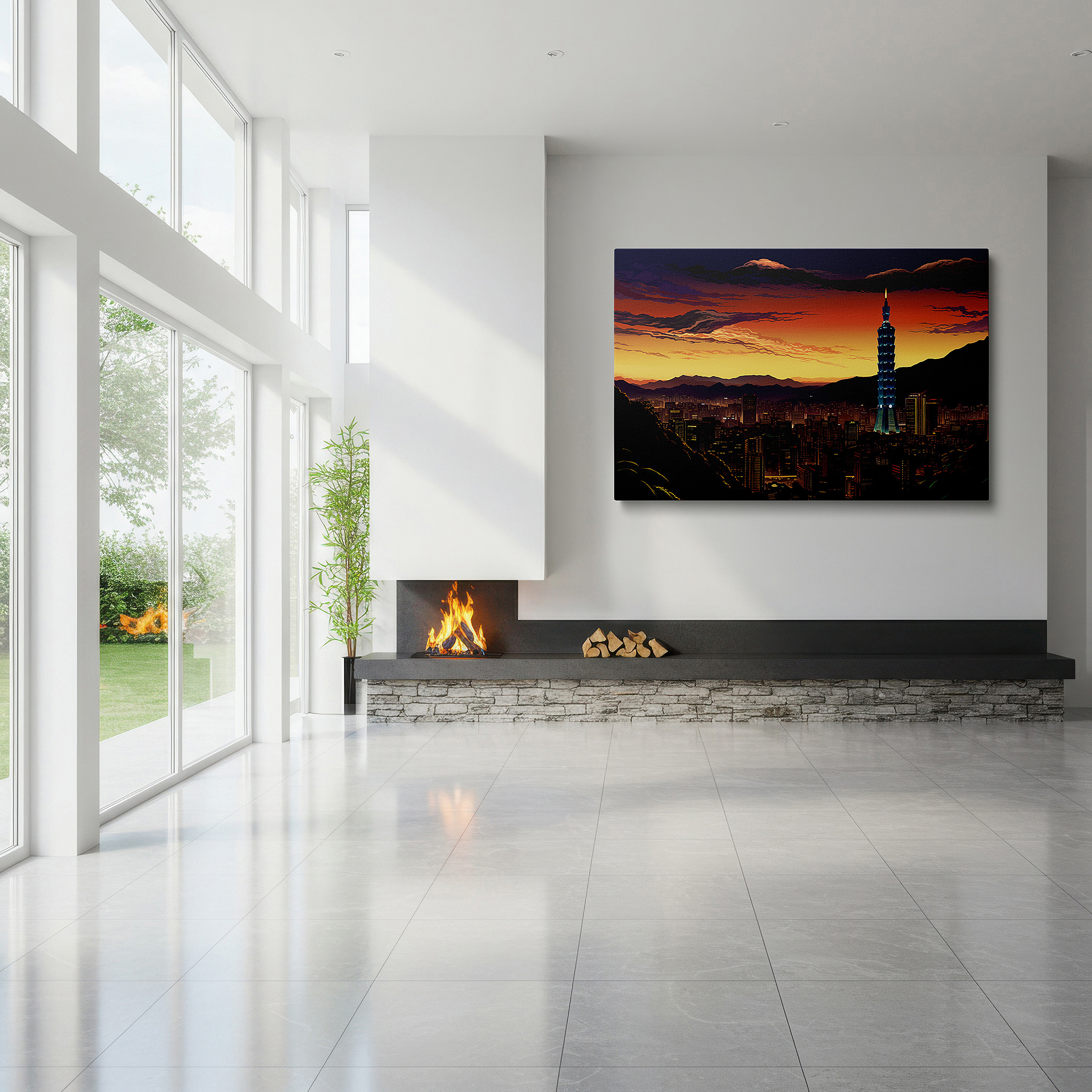 Bathed in morning sunlight streaming through sheer curtains — taipei 101 against twilight skies - blending city vibrance with peaceful nature large wall art, canvas wall art, wall decor, office wall art, bedroom art