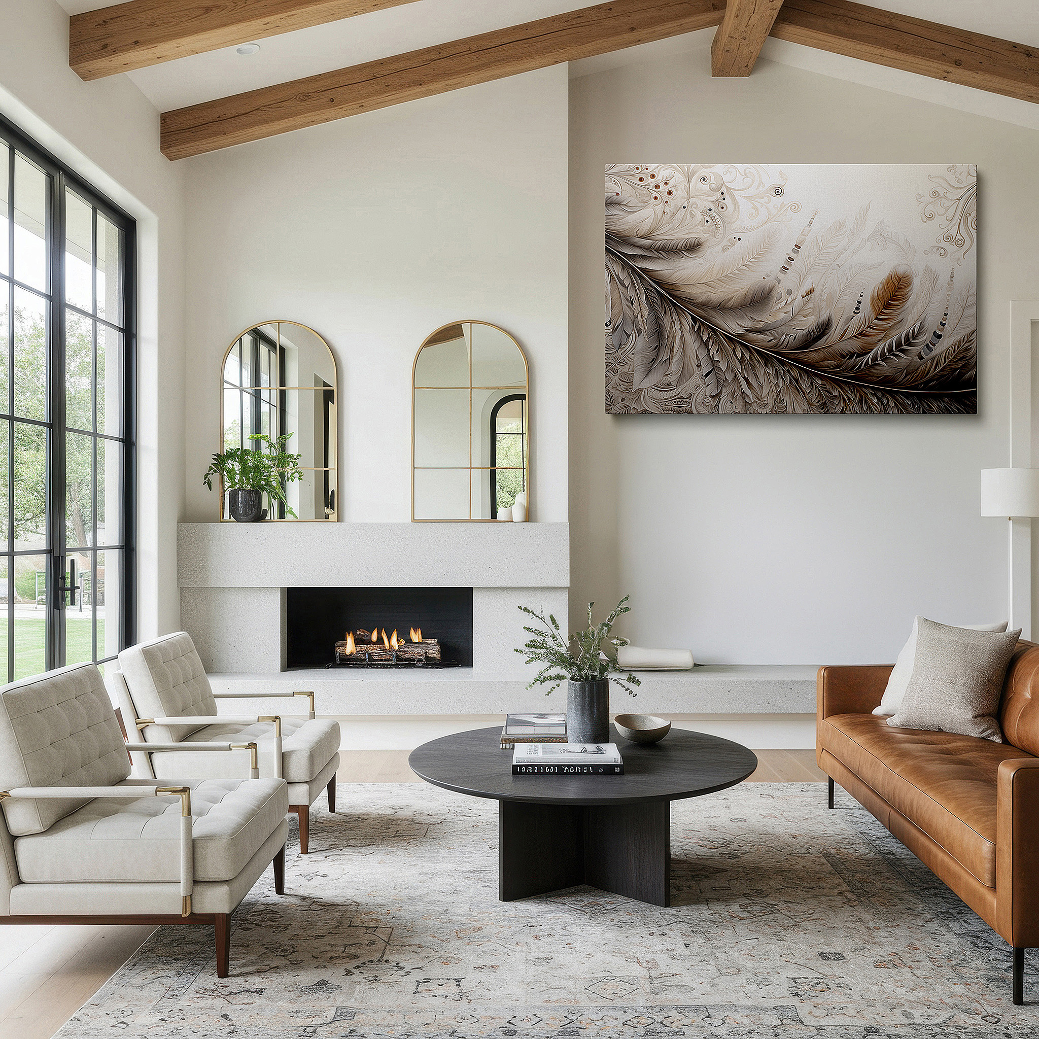 Bathed in morning sunlight streaming through sheer curtains — tranquil feathers wall art in earthy tones: serene nature-inspired elegance for large spaces, canvas wall decor for offices and bedrooms.
