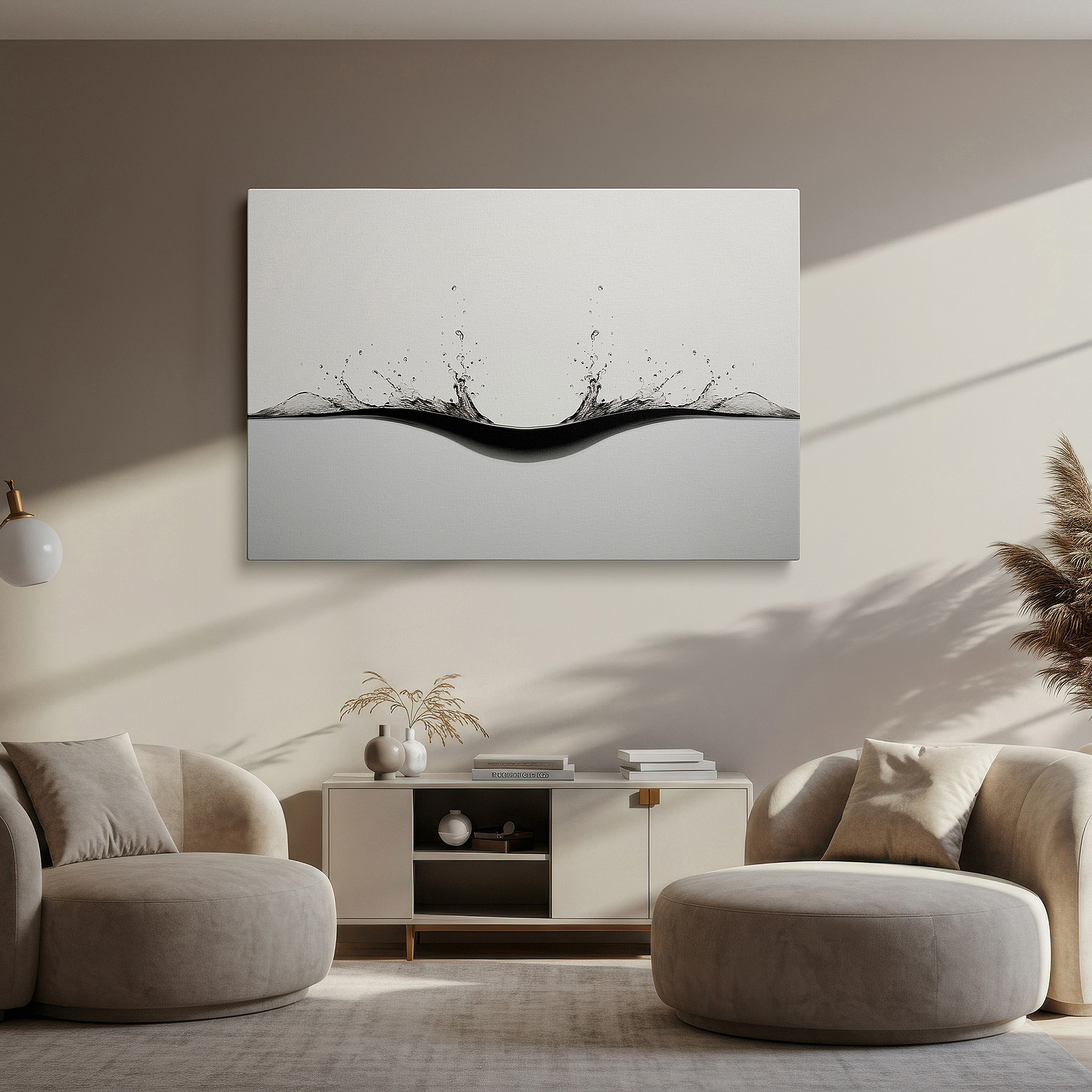 Bathed in morning sunlight streaming through sheer curtains — tranquil water dynamics wall art: minimalist white large canvas for office, bedroom, and living room decor
