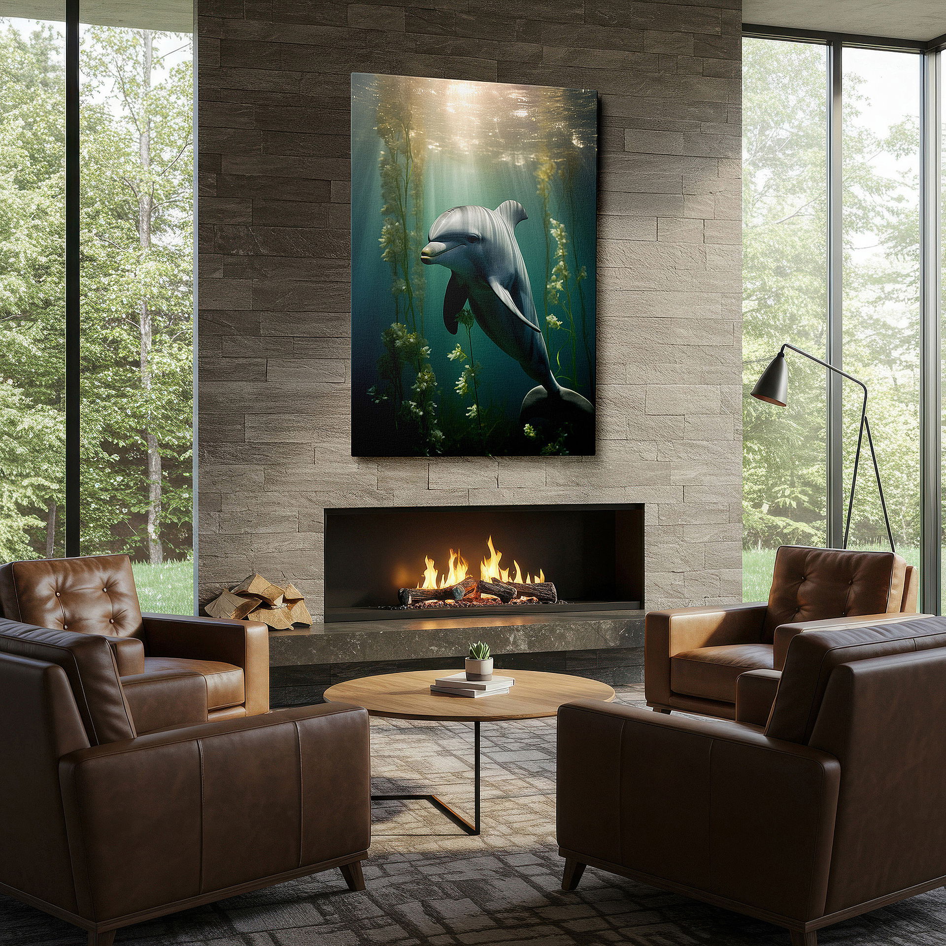 Bathed in morning sunlight streaming through sheer curtains — underwater dolphin adventure in a colorful aquatic garden - large canvas wall art for office and bedroom decor