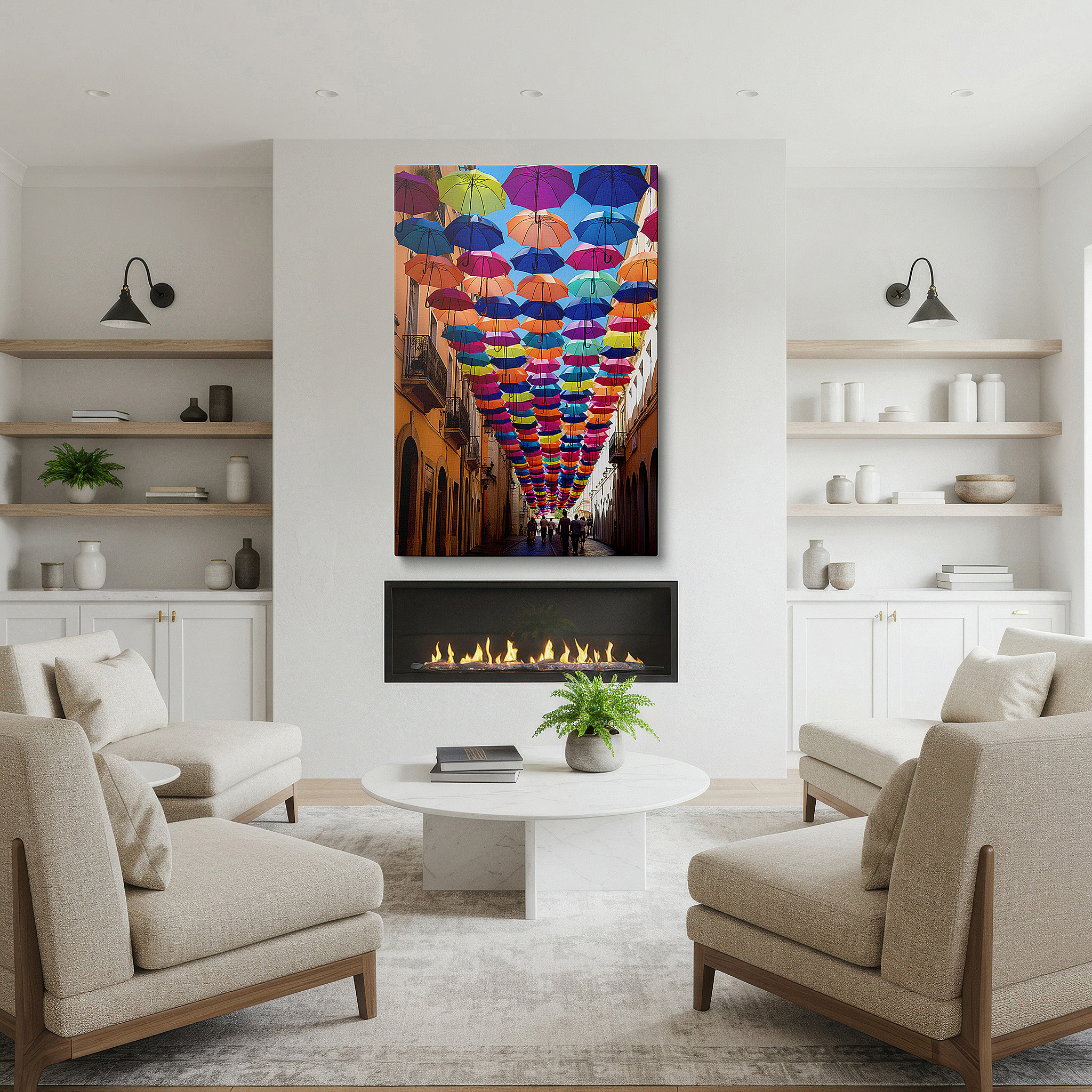 Bathed in morning sunlight streaming through sheer curtains — urban enchantment: vibrant umbrella canopy over cobblestone street - large canvas wall art for home and office decor