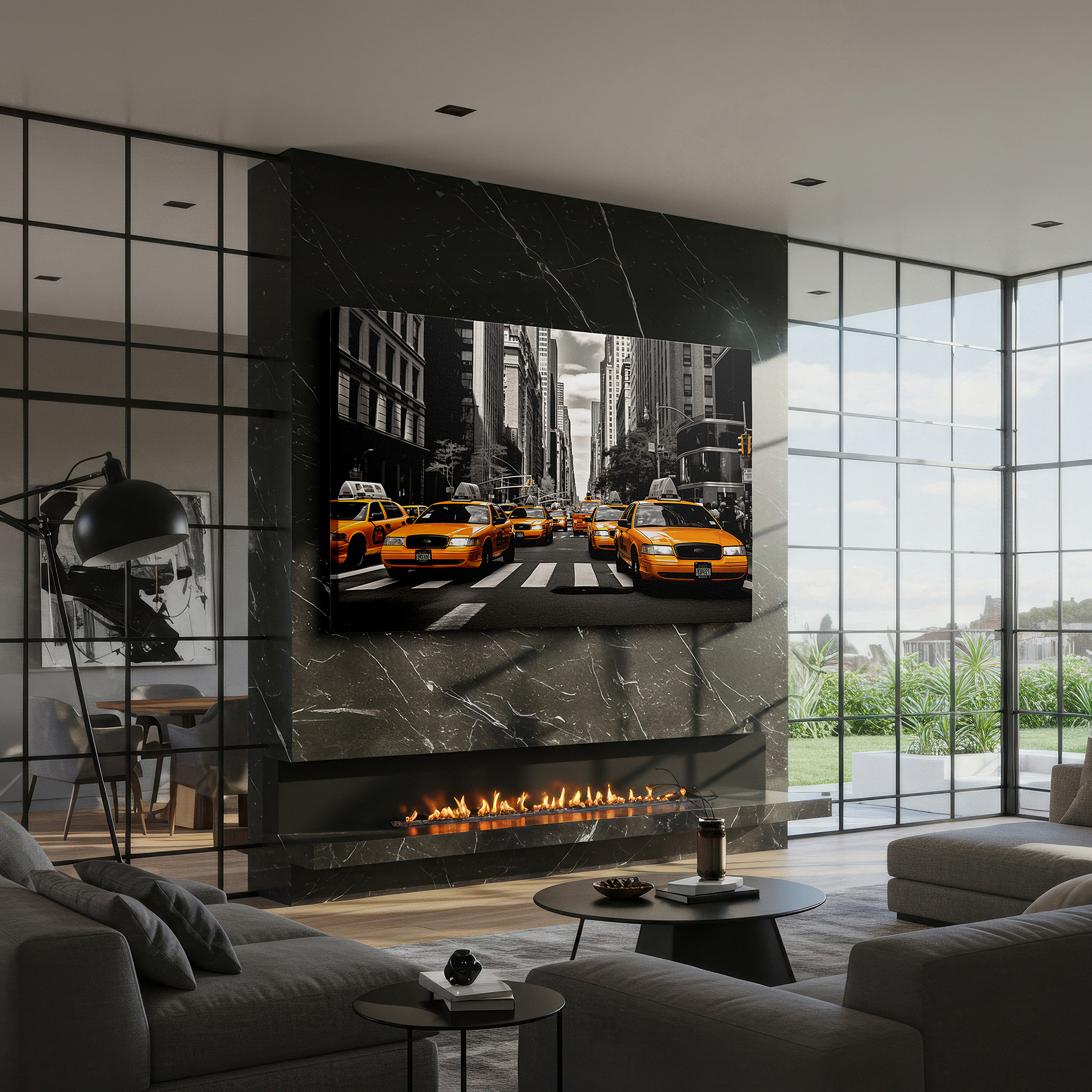 Bathed in morning sunlight streaming through sheer curtains — urban energy in monochrome featuring a vibrant yellow taxi - large wall art, canvas wall art, wall decor for office and bedroom
