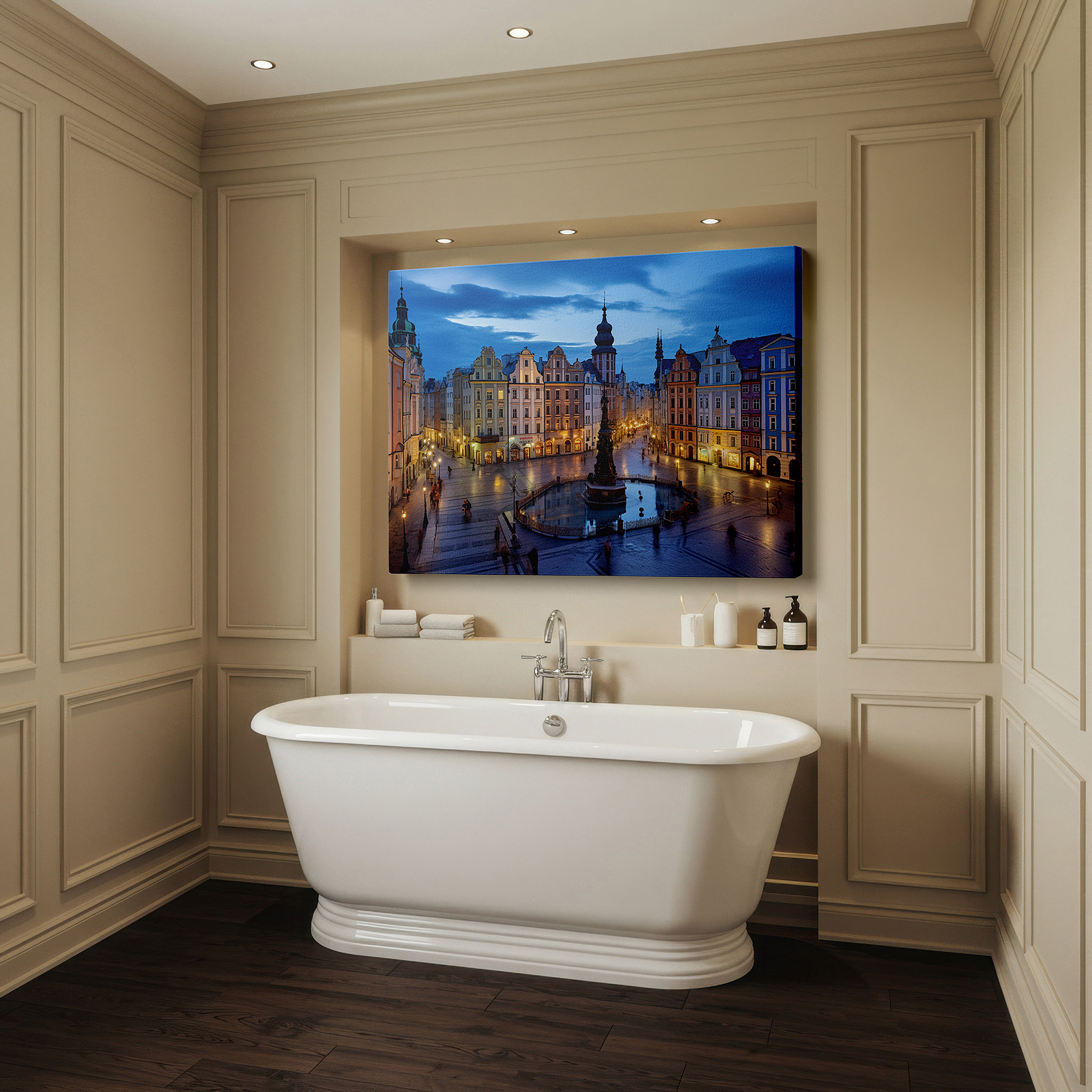 Bathed in morning sunlight streaming through sheer curtains — urban oasis at dusk: vibrant city square with sculpted fountain and majestic buildings - large wall art, canvas wall art, wall decor for office