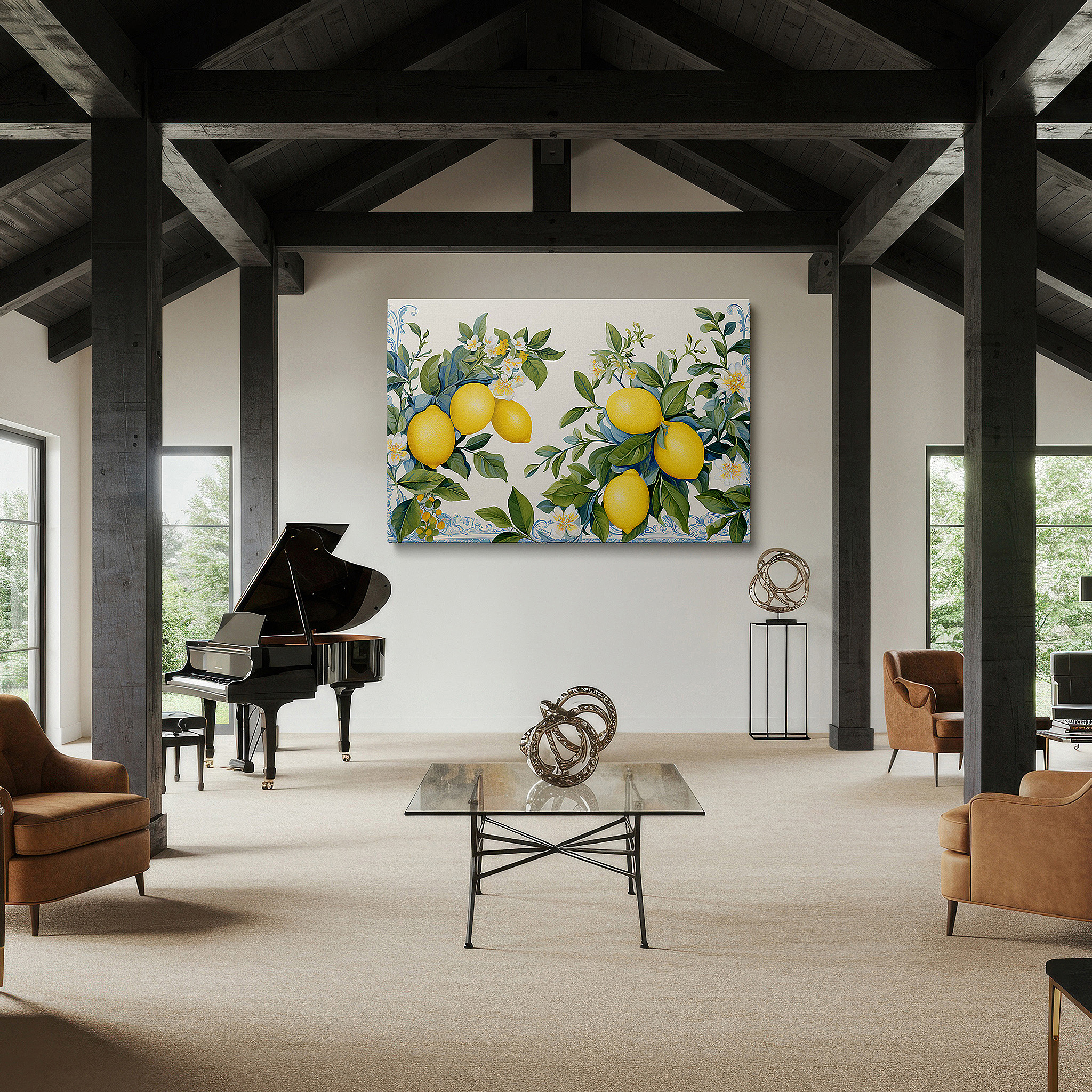 Bathed in morning sunlight streaming through sheer curtains — vibrant lemons and delicate florals: celebrating nature's bounty with lively large wall art, canvas decor for offices and homes