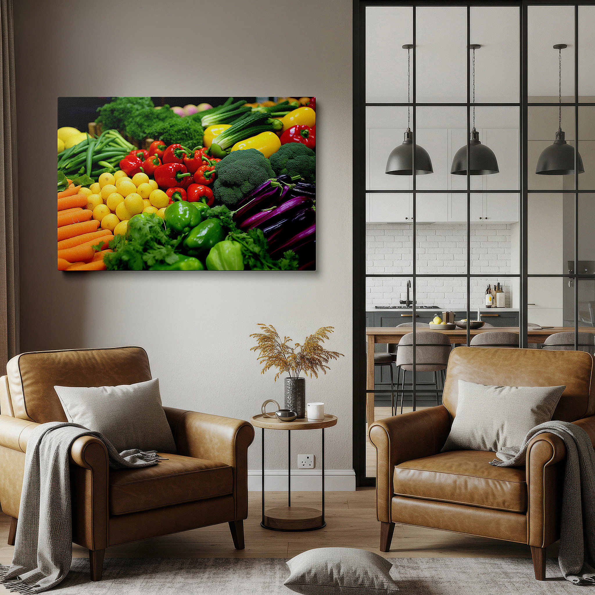 Bathed in morning sunlight streaming through sheer curtains — vibrant vegetable celebration: colorful and textured large wall art for offices, bedrooms, and living spaces