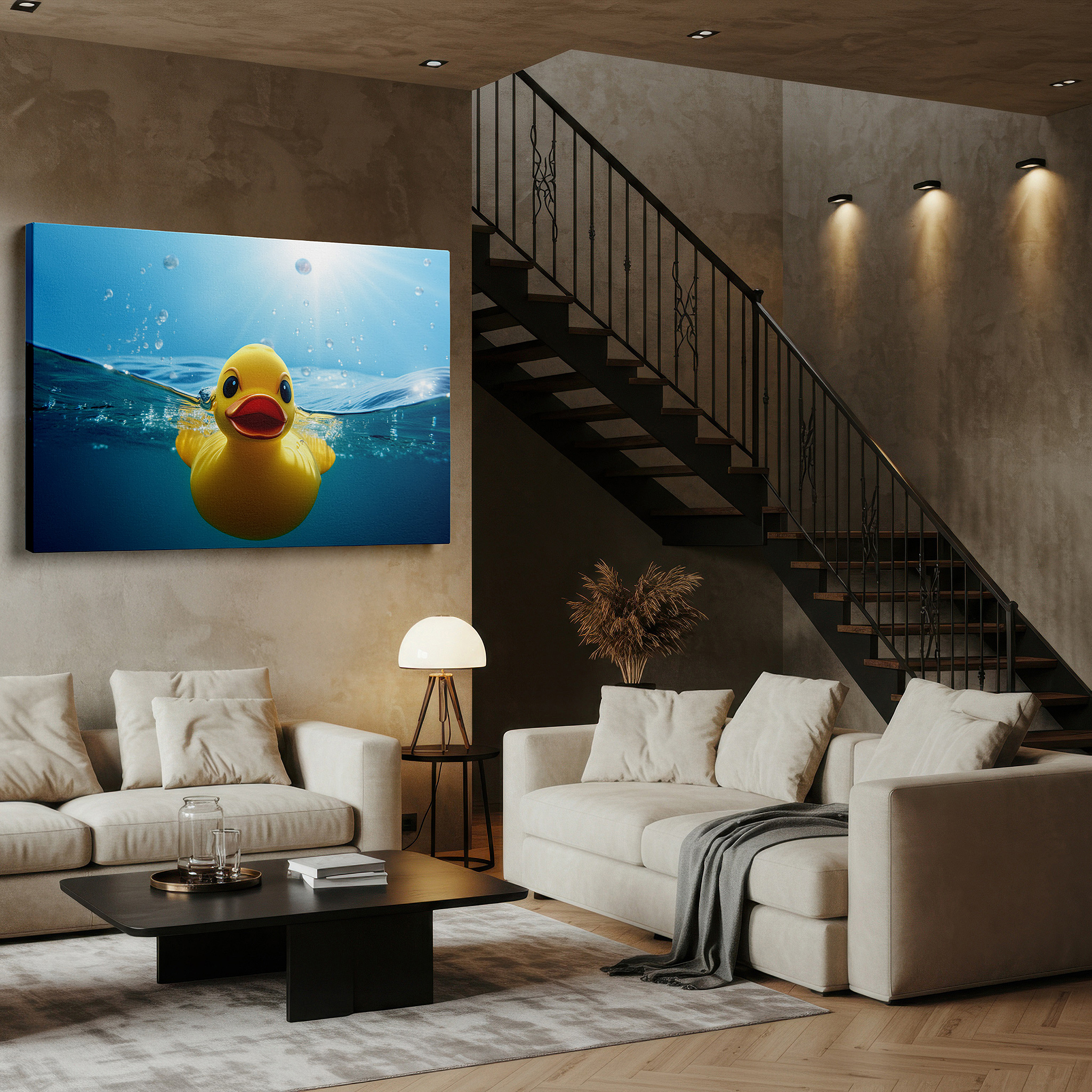 Bathed in morning sunlight streaming through sheer curtains — vibrant yellow duck in crystal clear waters: playful serenity large wall art, canvas decor for office and bedroom