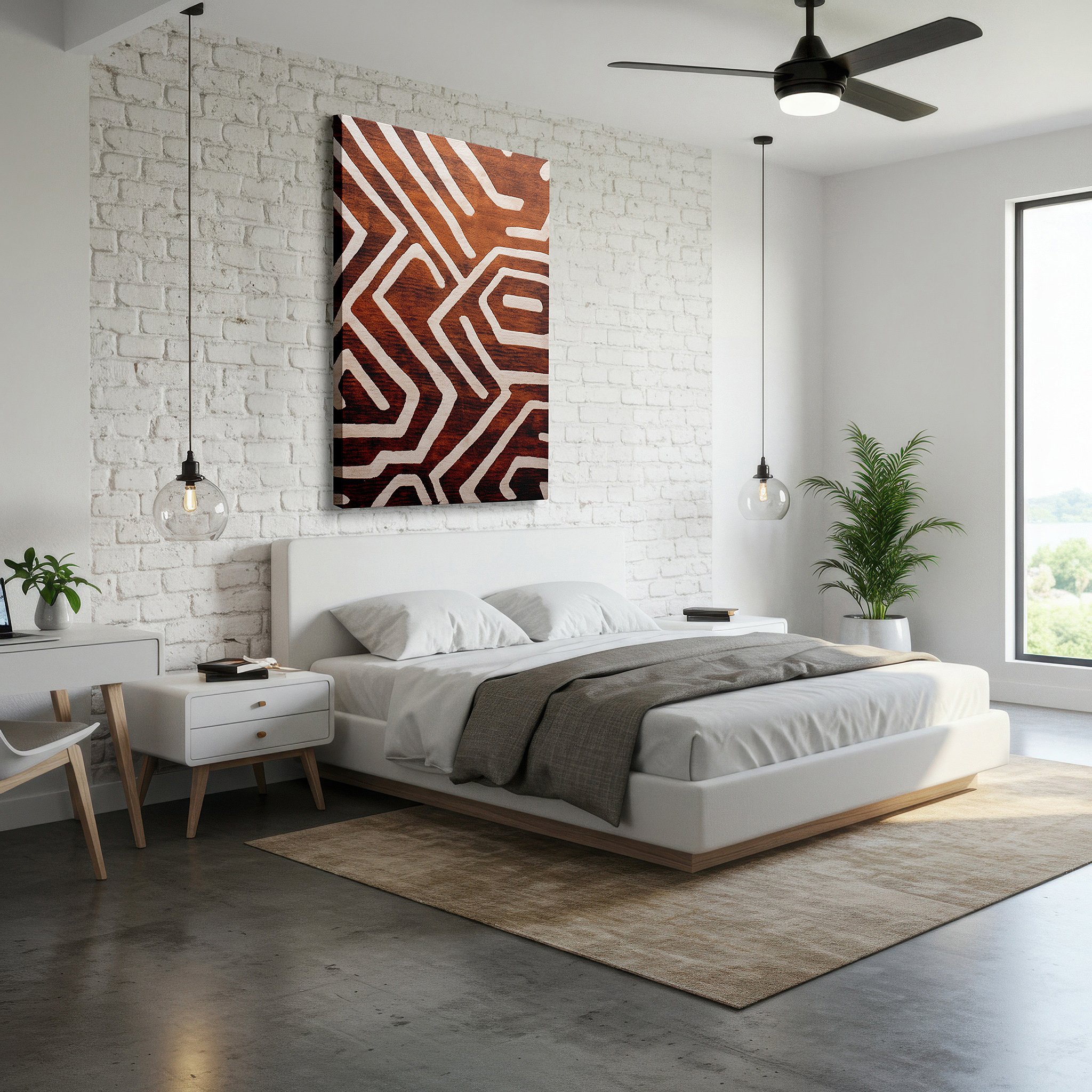 Bathed in morning sunlight streaming through sheer curtains — visual harmony through textile transformation: celebrating intricate patterns and earthy tones in large wall art, canvas wall art, and office wall decor