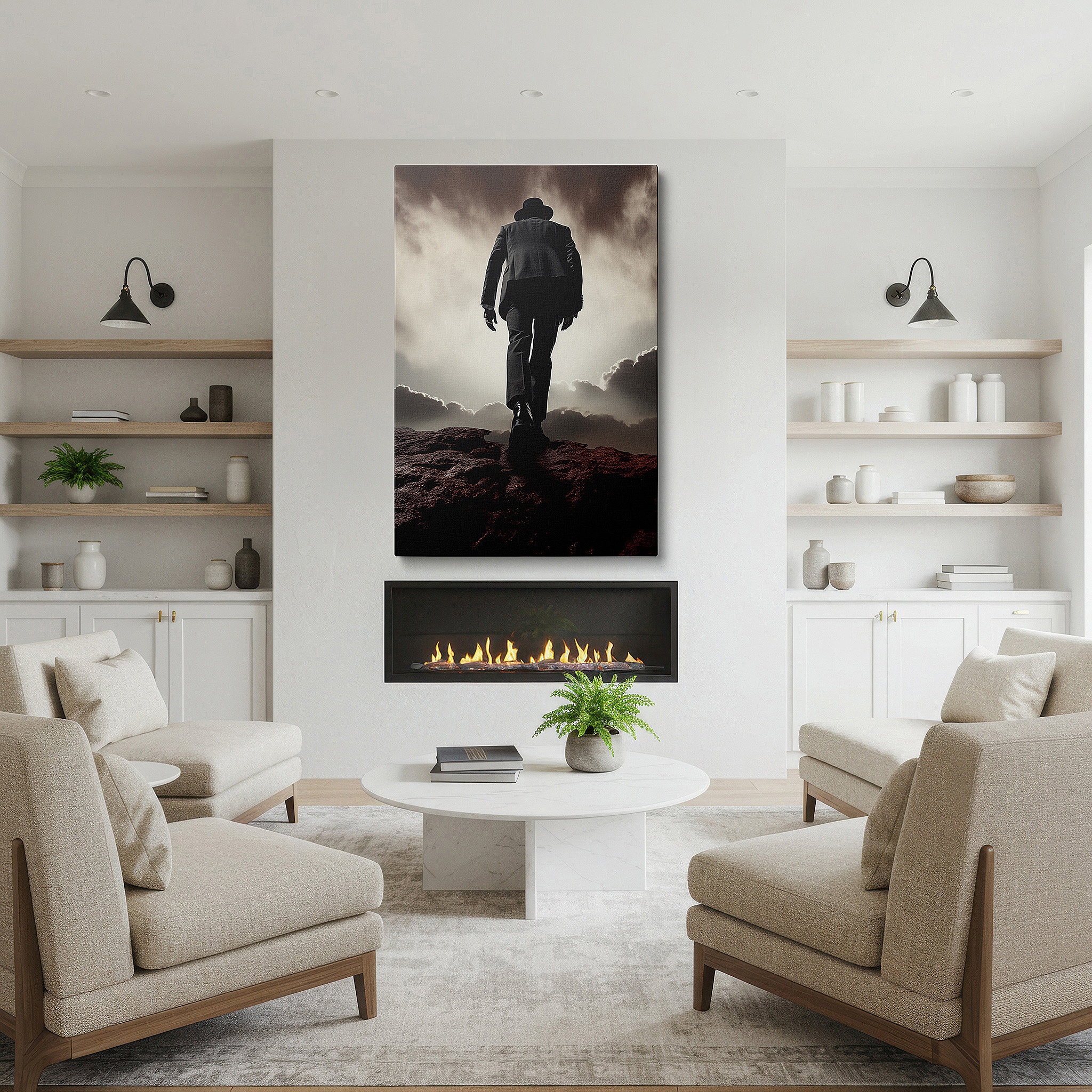 Bathed in morning sunlight streaming through sheer curtains — wall art: "the journey of solitude and struggle under a tumultuous sky" - large canvas for office, bedroom, and living room decor