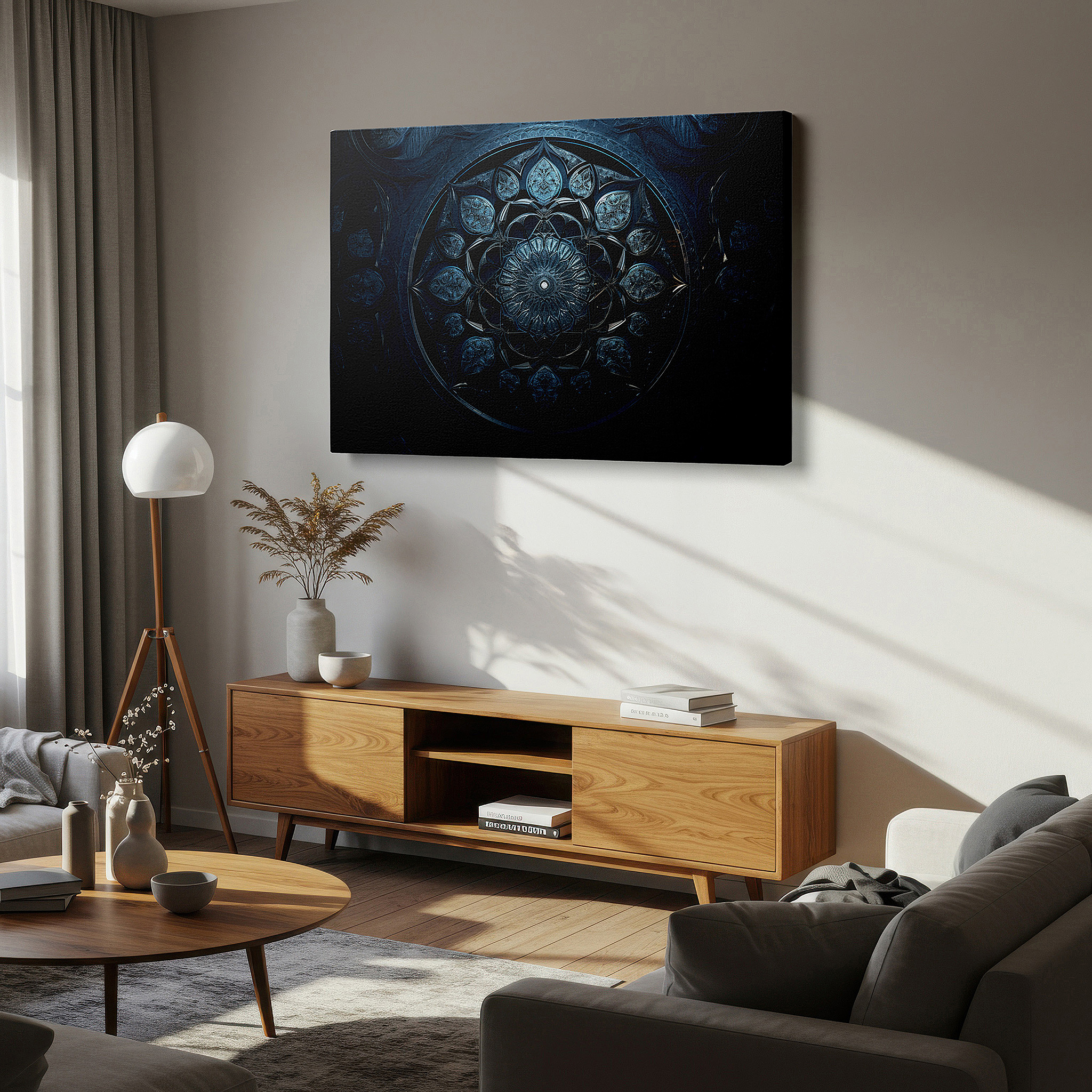 Bathed in morning sunlight streaming through sheer curtains — wall art: large deep blue mandala featuring floral motifs, symbolizing infinity and the eternal cycle of life - canvas wall art for office decor