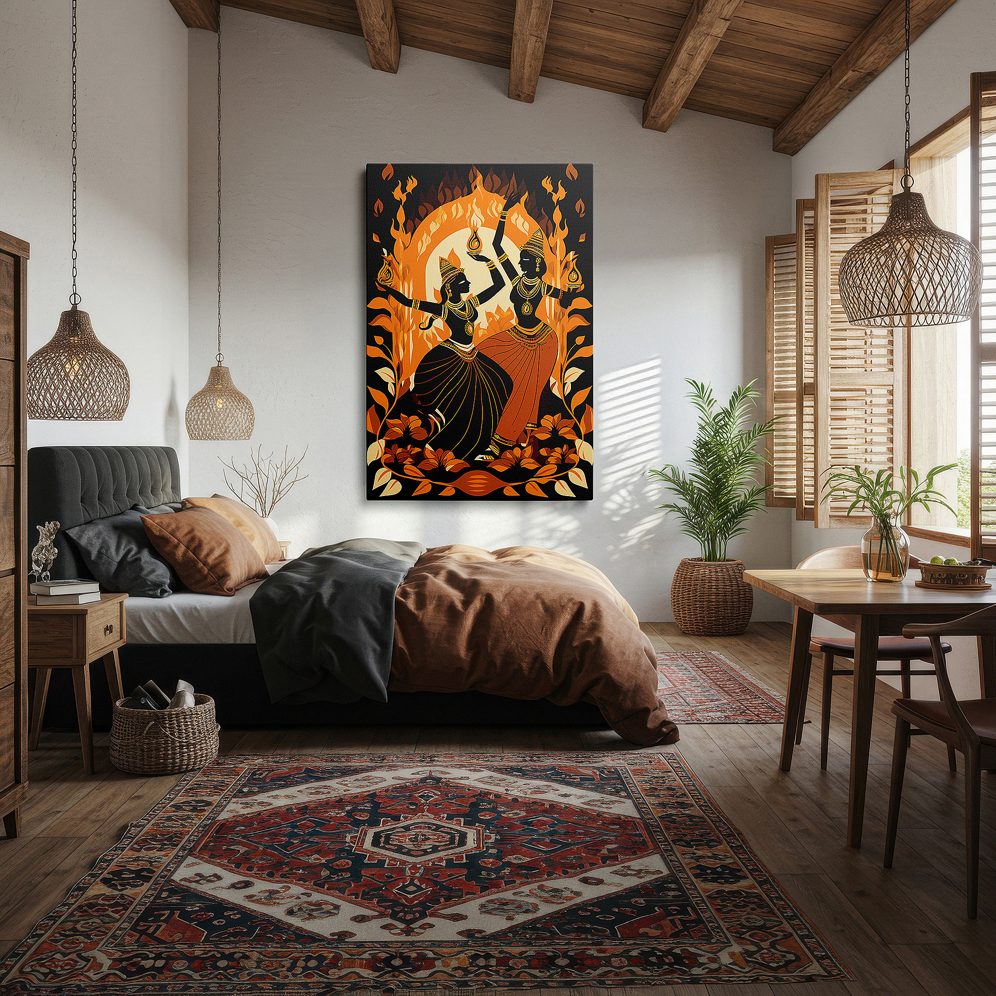 Bathed in morning sunlight streaming through sheer curtains — wall art: majestic display of goddesses dancing among flames and flowers, celebrating life and culture - large canvas art for home and office decor