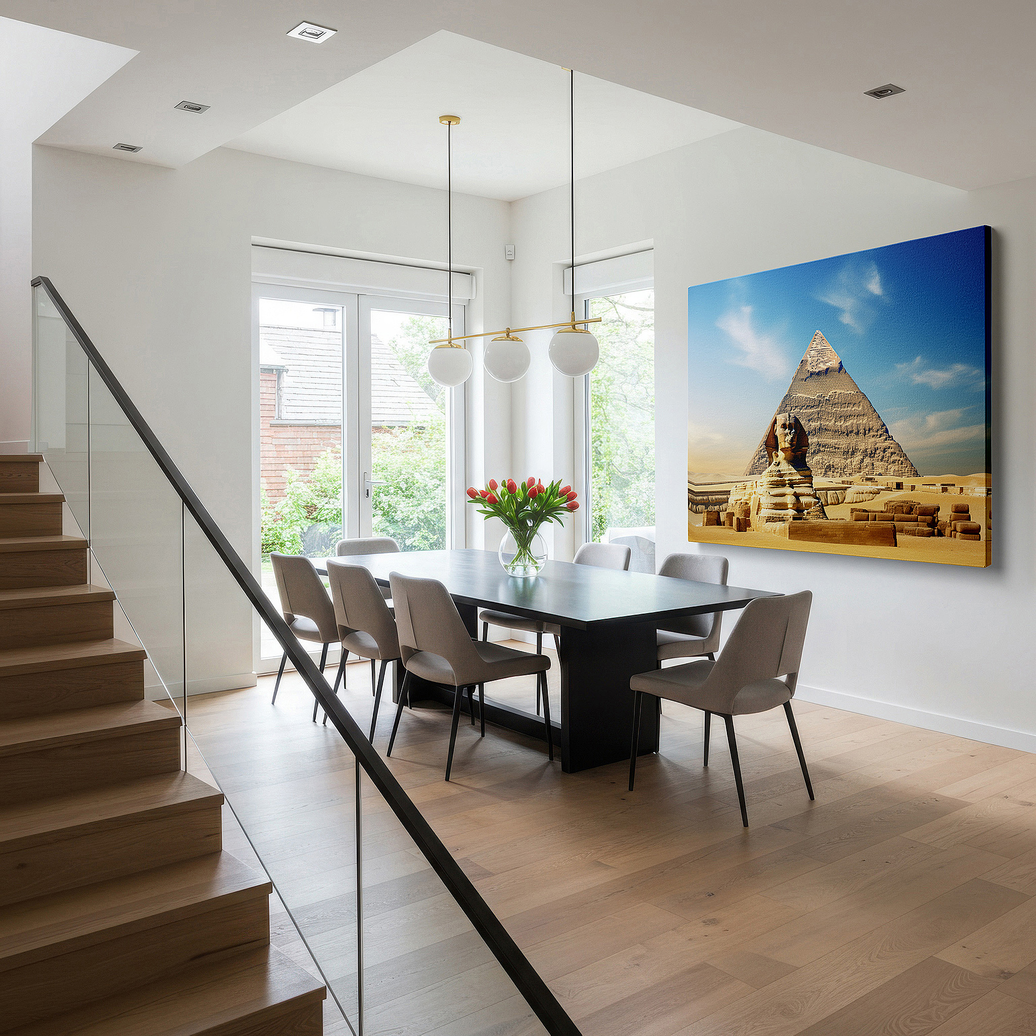 Bathed in morning sunlight streaming through sheer curtains — wall art: majestic sphinx and pyramid beneath a bright blue sky - a tribute to the wonders of ancient egypt, large canvas wall art for home and office decor