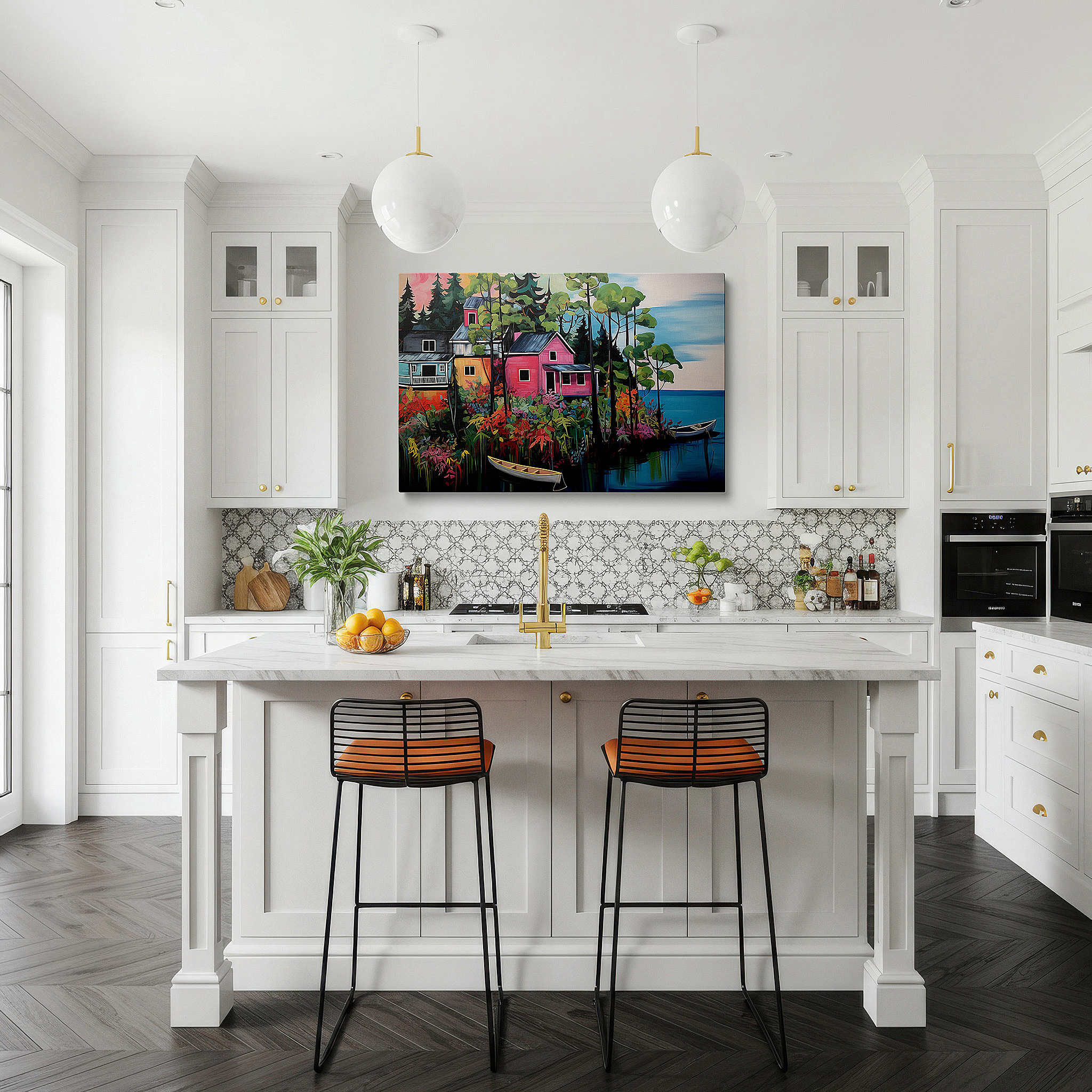 Bathed in morning sunlight streaming through sheer curtains — wall art: serene lakeside getaway featuring bright houses and lively flower scenery - large canvas wall art for home and office decor, perfect for living room and bedroom