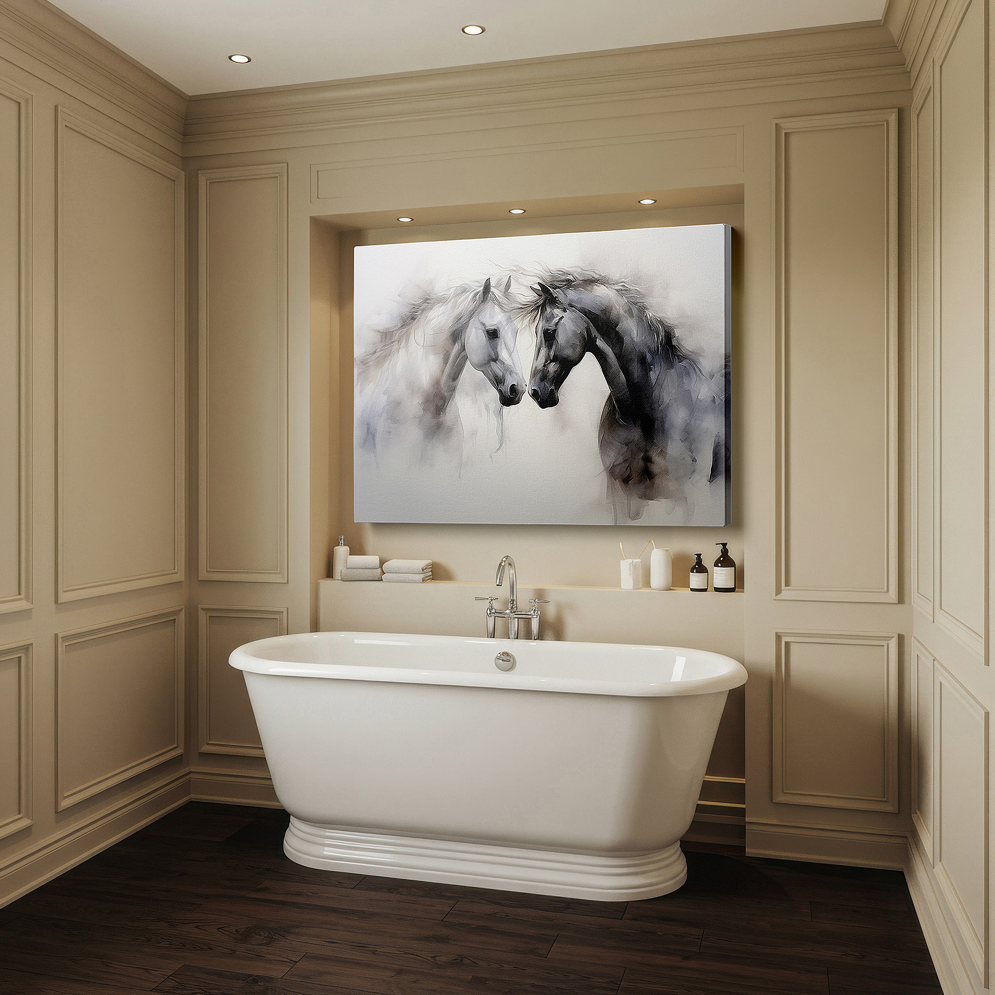 Bathed in morning sunlight streaming through sheer curtains — wall art: serene moments of majestic horses in soft abstract - large canvas art featuring companionship and serenity in muted earth tones