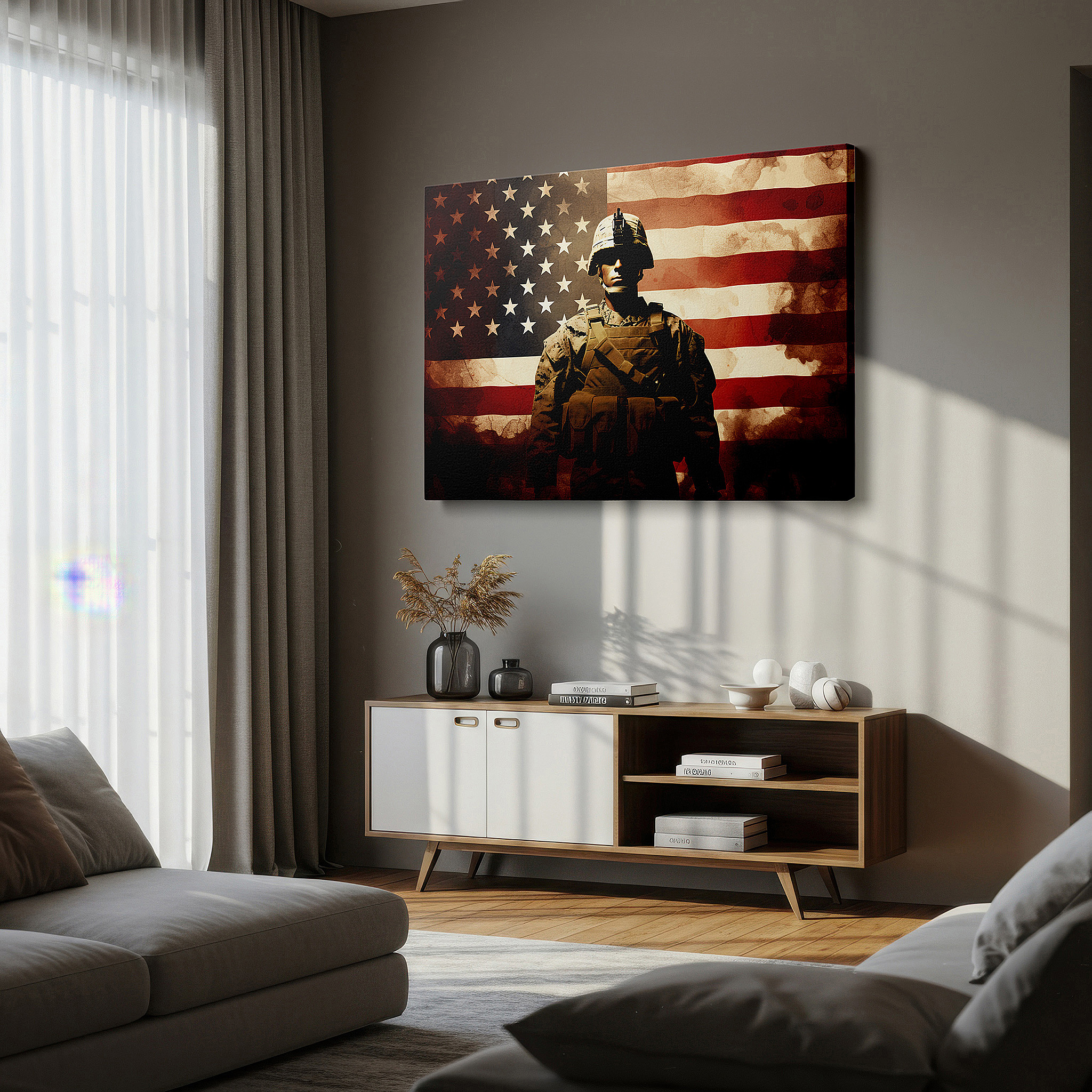 Bathed in morning sunlight streaming through sheer curtains — wall art: soldier silhouette and american flag - celebrating bravery, sacrifice, and patriotism. large canvas wall decor.
