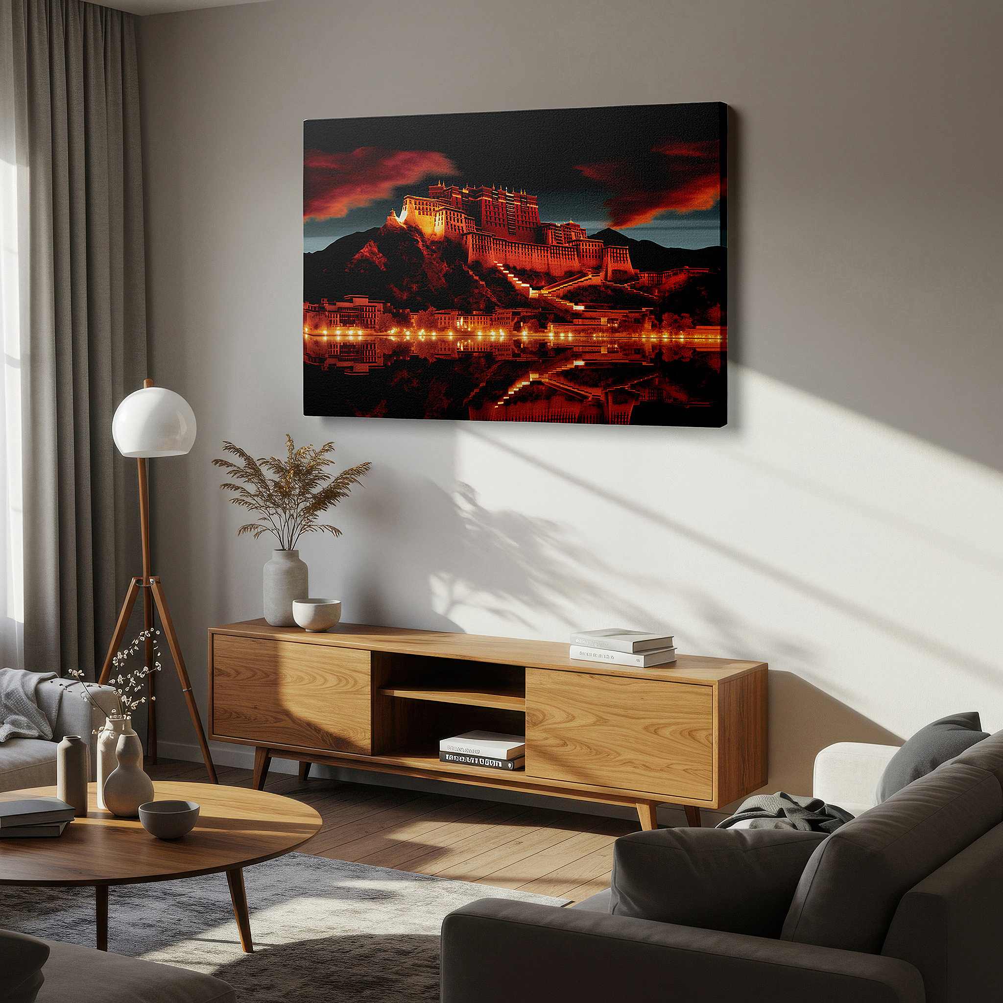 Bathed in morning sunlight streaming through sheer curtains — wall art: starlit majesty of the potala palace - golden glow amid twilight blues. large canvas wall art for office and bedroom decor.
