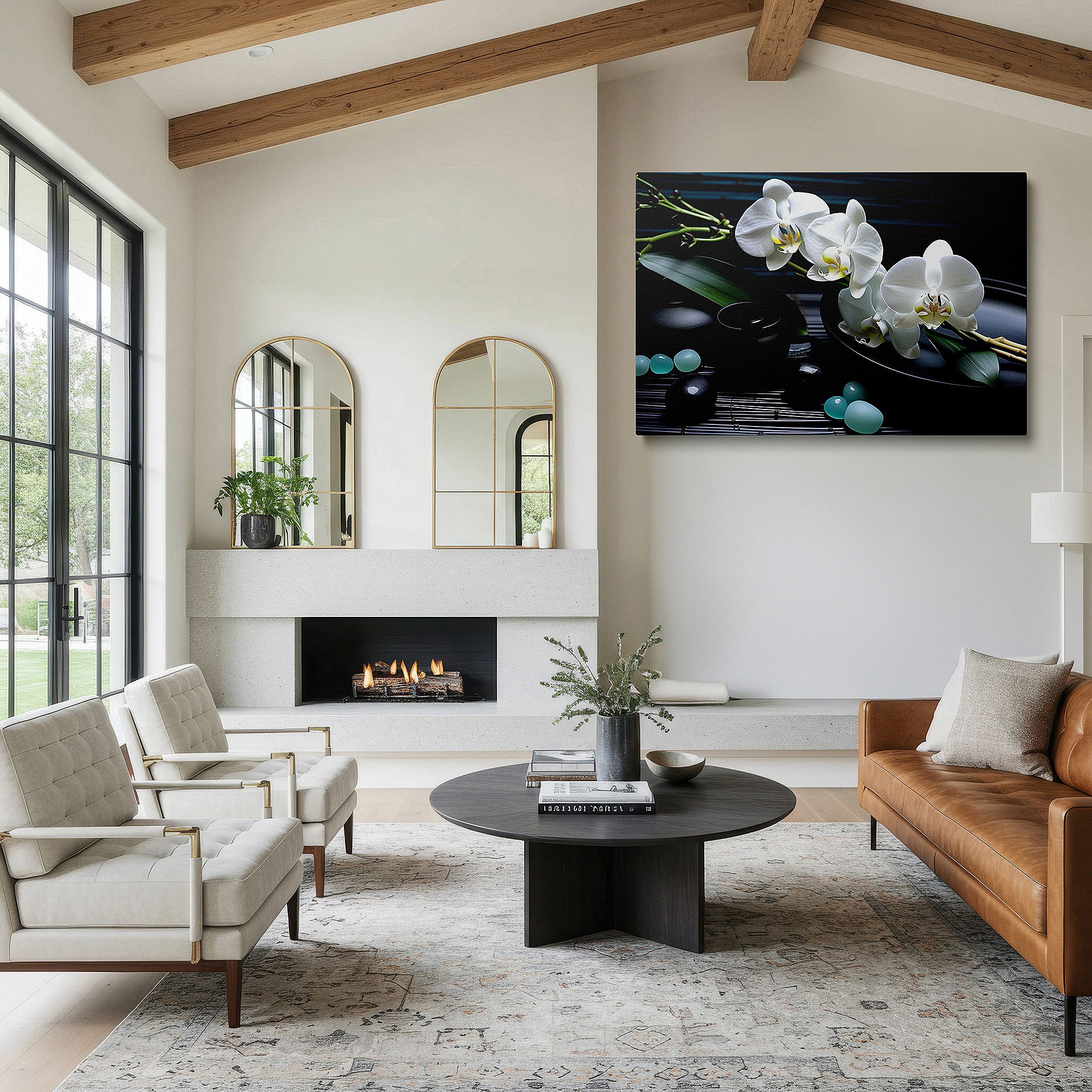 Bathed in morning sunlight streaming through sheer curtains — wall decor: elegant white orchids and serene stones - large canvas art for office and bedroom