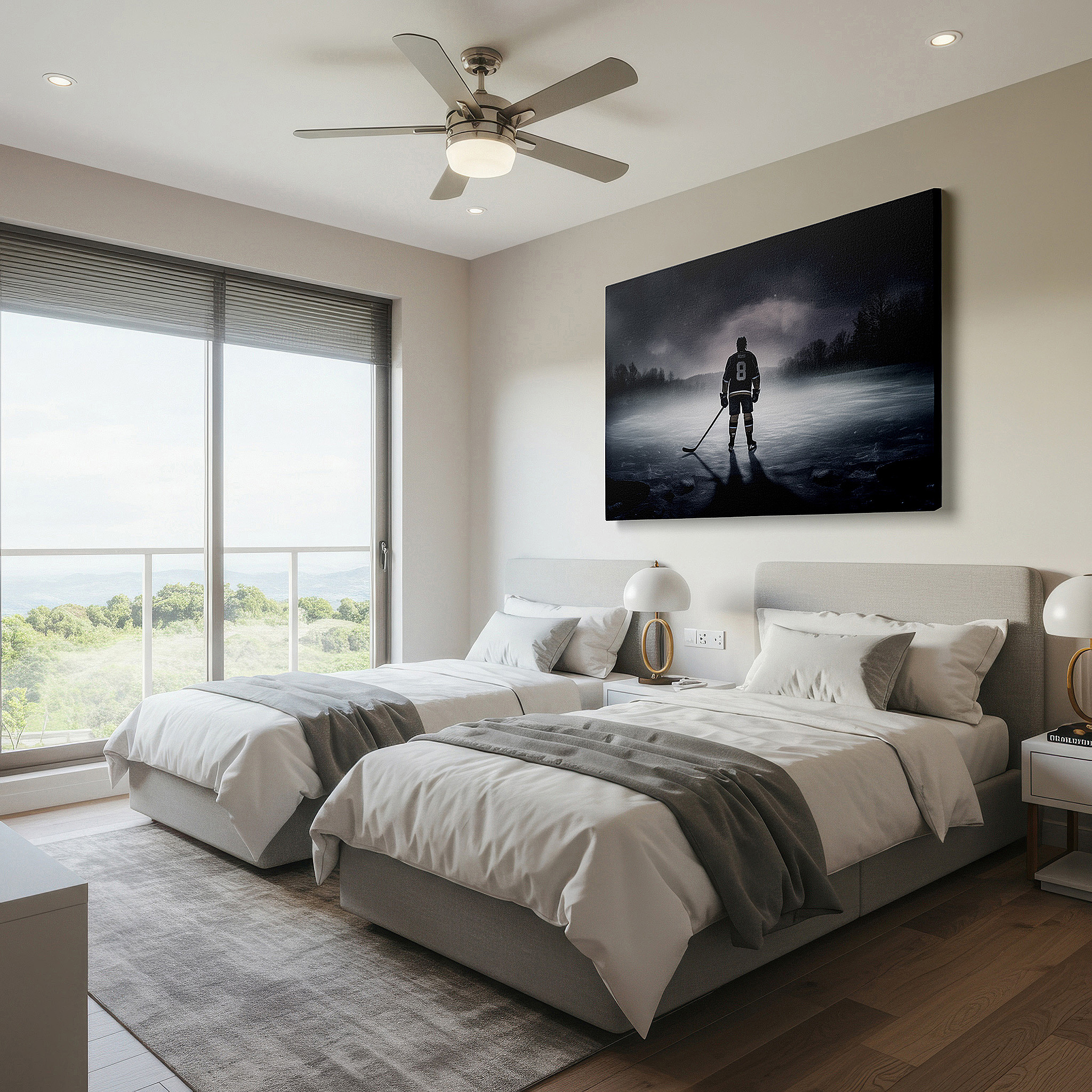 Bathed in morning sunlight streaming through sheer curtains — wall decor: lone hockey player beneath a starry sky - symbolizing perseverance and solitude. large canvas art for home and office decor.