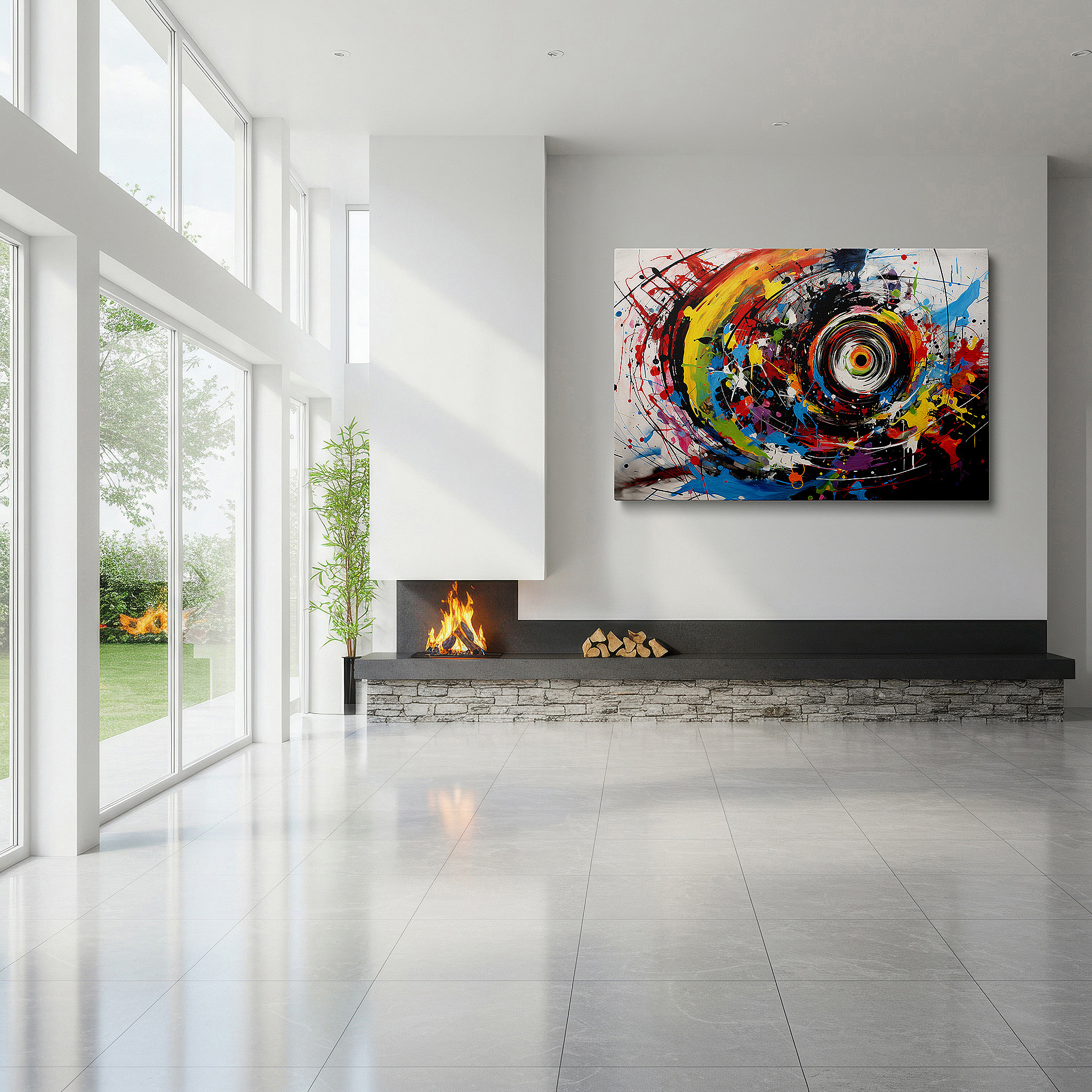 Bathed in morning sunlight streaming through sheer curtains — wall decor: vibrant abstract symphony - large canvas art for office, bedroom, and living spaces